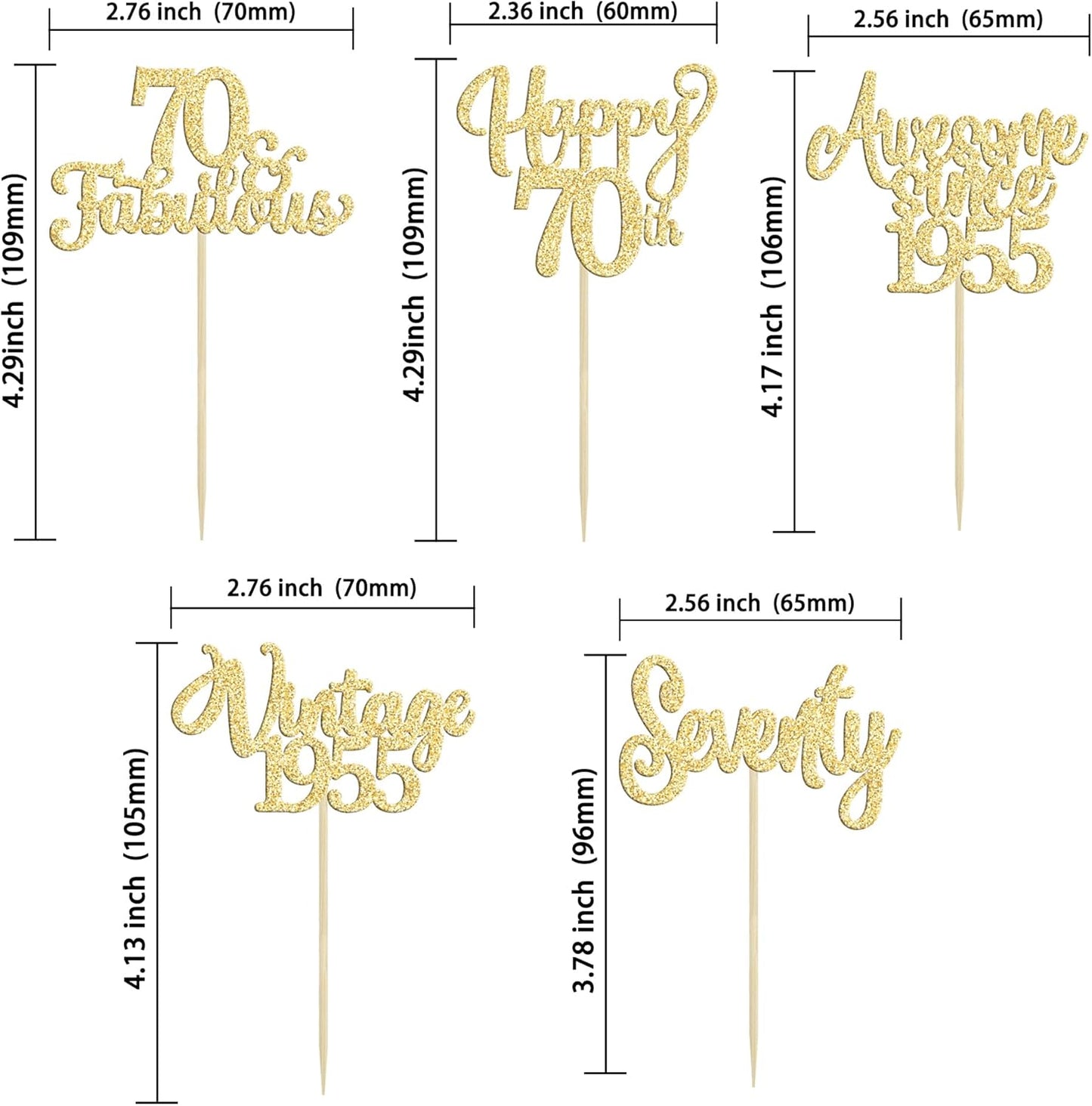 30Pcs Vintage 1955 Cupcake Toppers Glitter Seventy Happy 70th Birthday 70 Fabulous Cupcake Picks Cheers to 70 Years for 70th Birthday Wedding Anniversary Party Cake Decorations Supplies Gold