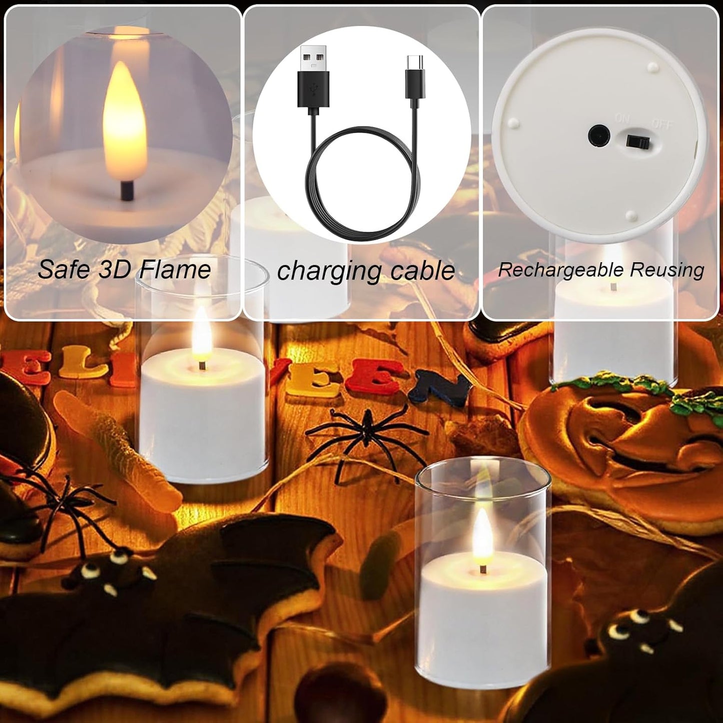 Rechargeable Votive Candle Battery Operated, 6 Pcs Rechargeable Tealights Candles with Charging Base, Acrylic Clear LED Flameless Votive Candle with 6H Timer for Halloween Christmas Decor
