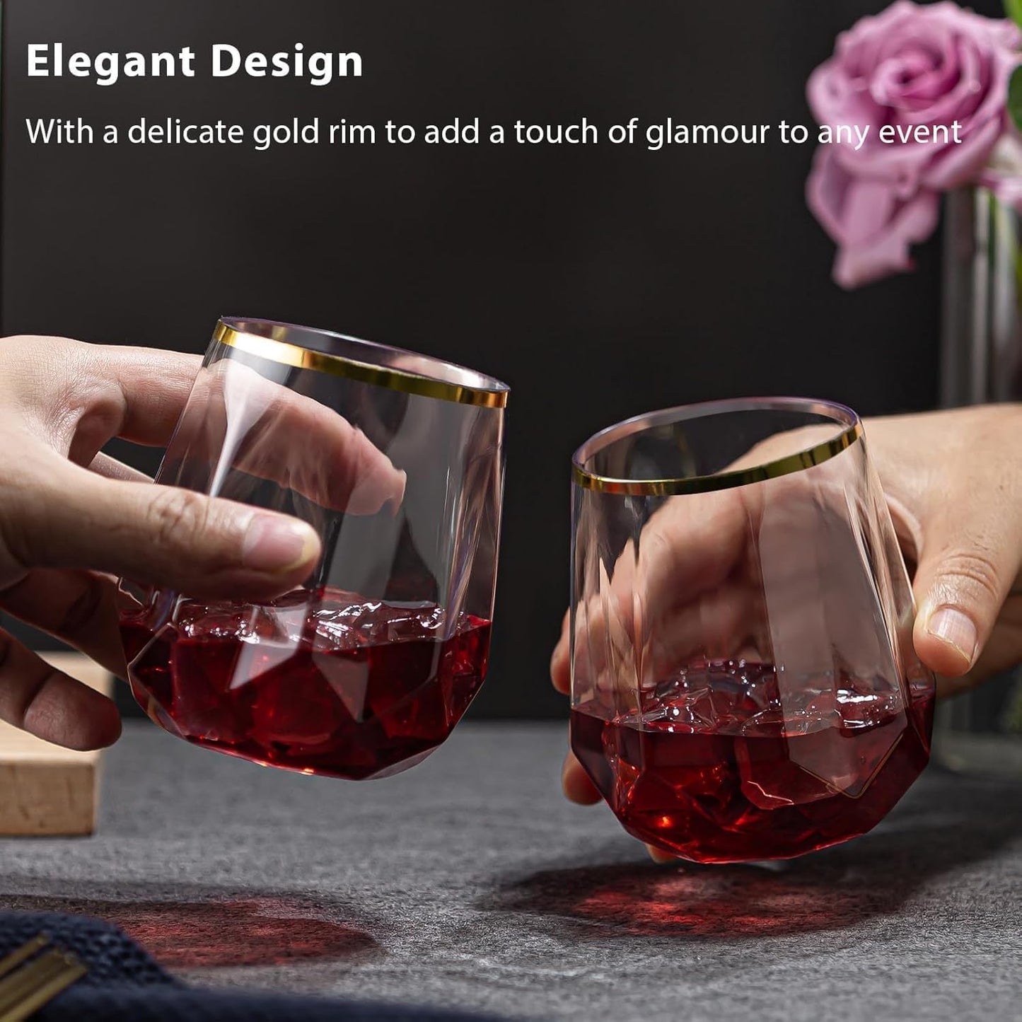 40 count Diamond Unbreakable Stemless Plastic Wine Champagne Whiskey Glasses Elegant Durable Disposable Indoor Outdoor Home office wedding bars 12 Ounce (Classic Old Fashioned Gold Rim)