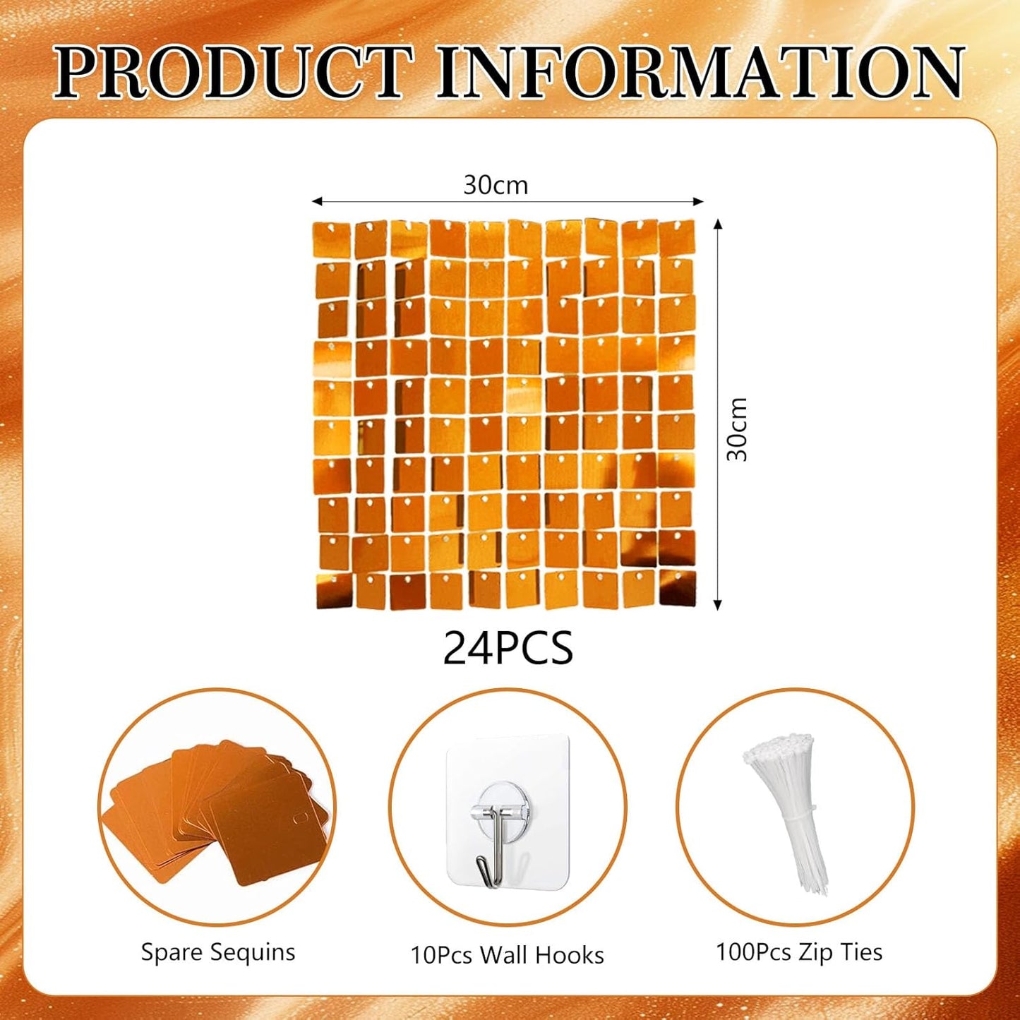 24PCS Orange Shimmer Wall Backdrop, Square Sequin Backdrops Panel, Glitter Wall Background for Birthdays, Weddings, Halloween, Thanksgiving, Disco Bachelorette Party Decoration (4FTx6FT)