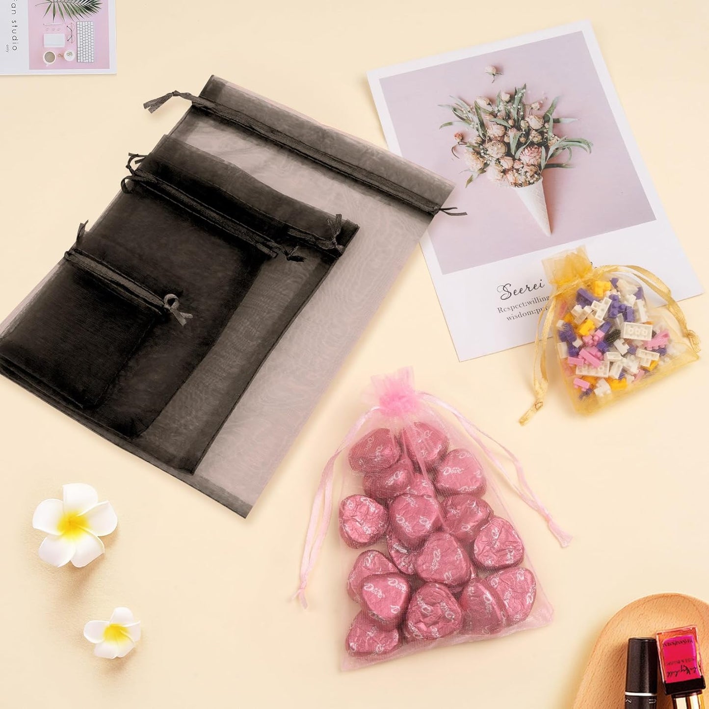 50 Pcs Organza Bags 3x4 Inch, Small Mesh Bags Drawstring Gift Pouches for Jewelry Candy Party Favor Christmas(Black)