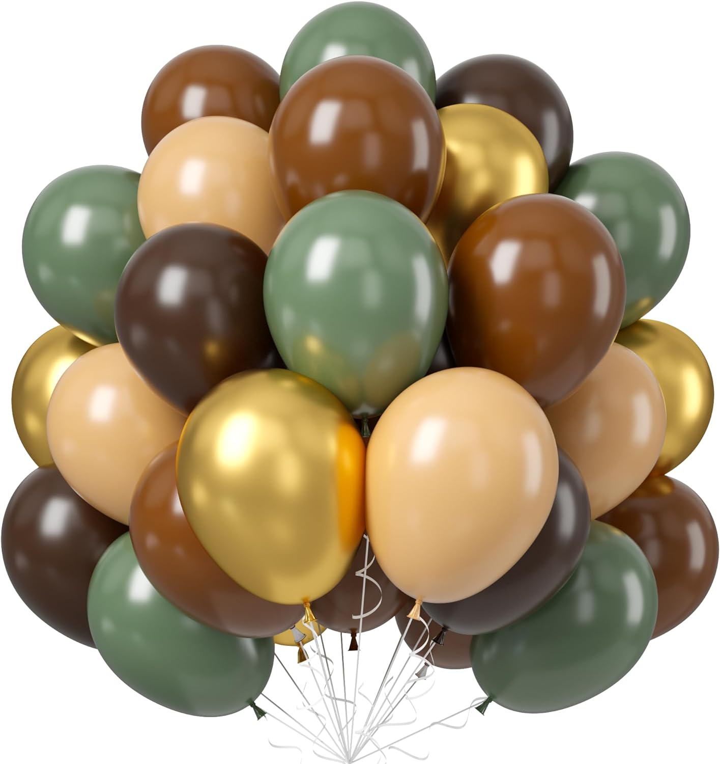 60 PCS Sage Green, Gold, Brown Latex Balloons - Woodland Camo Army Olive Green, Dark Brown, Coffee Nude Gold Party Balloons for Jungle Safari Woodland Hunting Birthday Decorations