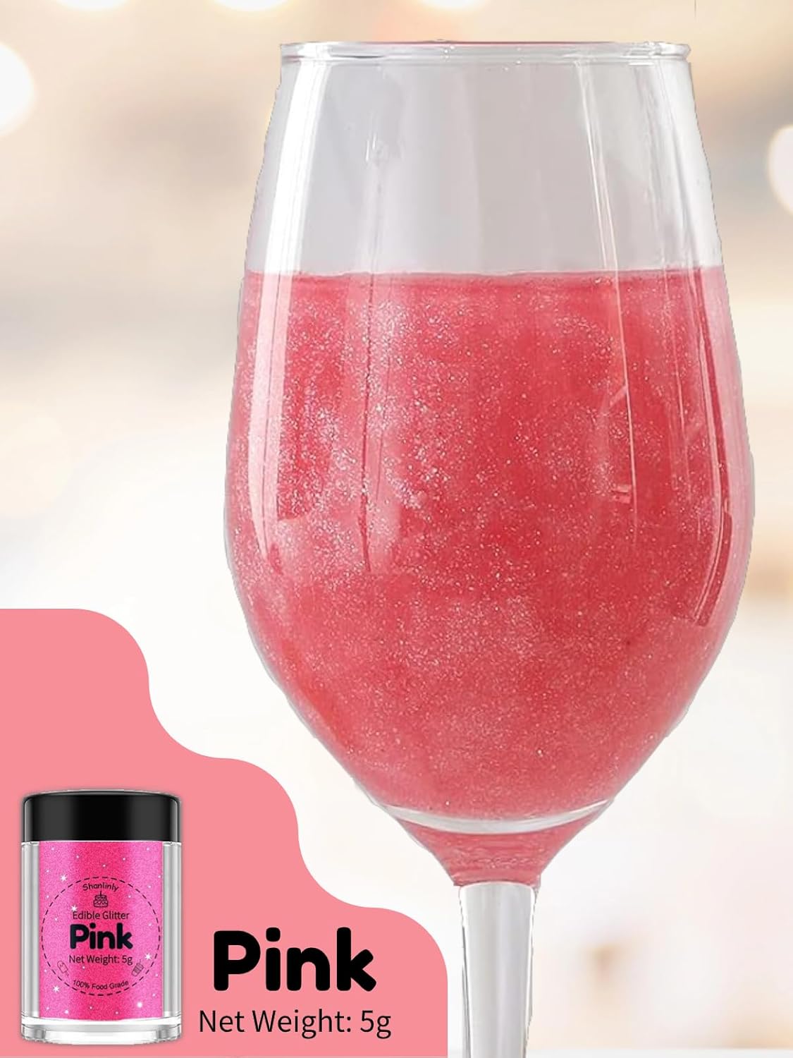 Shanlinly Pink Edible Glitter for Cakes Drinks - Food Grade 5g Shimmer Luster Glitter Dust Edible Glimmer Powders for Strawberries, Sprinkle on Sparkle, Chocolate, Cookie, Cupcake, Cocktail, Vegan
