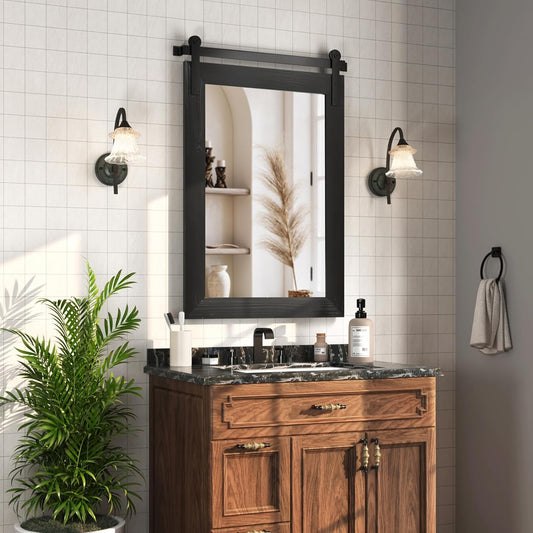 COGOOD Farmhouse Bathroom Mirror - 42 x 29 Rustic Barn Door Style Mirror for Living Room, Entryway, Vanity Wall Decor (Black)