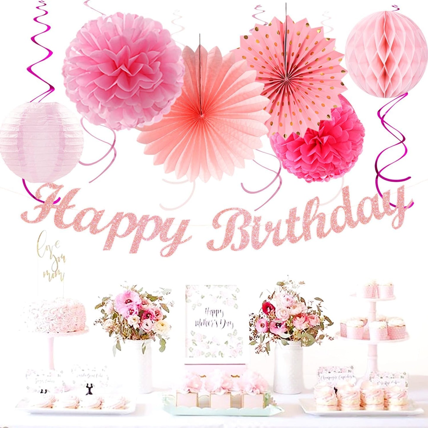 Light Hot Pink Birthday Party-Decorations - 21pcs Girl Happy Banner,Paper Lanterns Honeycomb,Tissue Pom Poms Flower Fan,Hanging Streamers Garland,18th 21st 30th Women Birthday Decor Supplies Huglony