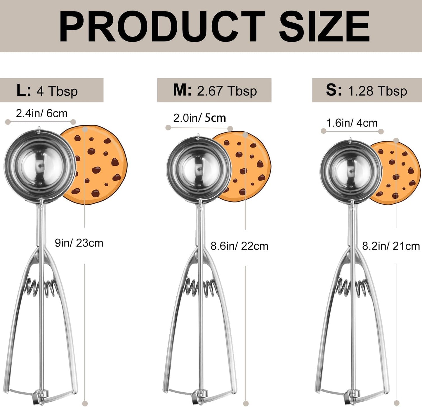 Cookie Scoop Set, Cookie Scoops for Baking Set of 3, Cookie Dough Scoops, Silver, Include Large/Medium/Small, for Cookies, Ice Cream, Muffin, Cupcakes, Truffles, Mashed Potatoes