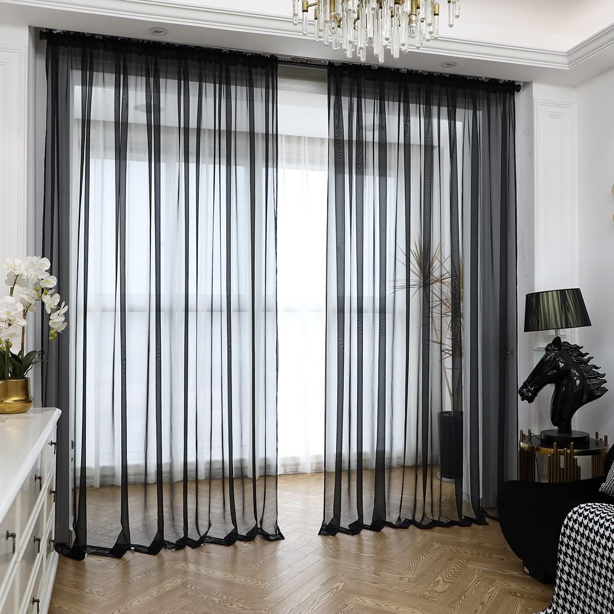 Window Black Sheer Curtains 48 Inches Width 72 Inches Long 2 Panels Sheer Curtain Clear Curtains Basic Rod Pocket Panel for Home Living Room Bedroom Kids Room Yard Patio Parlor Sliding