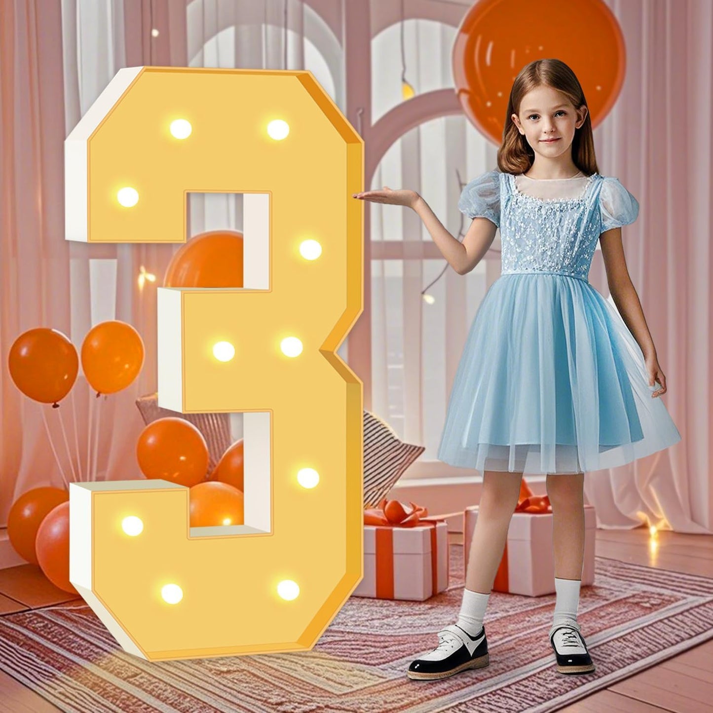 4FT Light Up Numbers 3, 47 inch Tall Marquee Numbers, DIY Marquee Light Up Numbers for 3rd 13th 30th Birthday Party Backdrop Displays, Mosaic Number Sign for Balloons Party, Anniversary