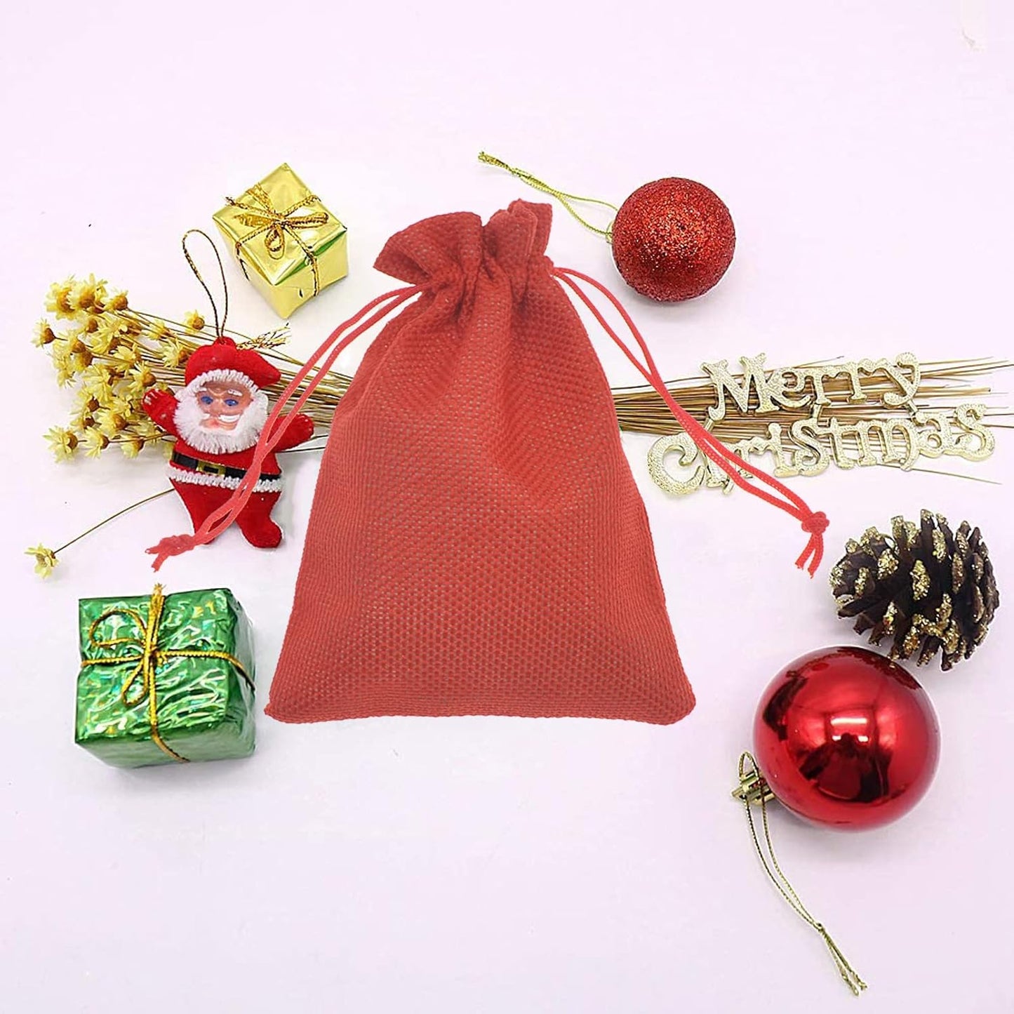 20pcs Burlap Gift Bags 3.9 x 5.5, Red Linen Drawstring Bags, Christmas Wedding Party Favor Bags Jewelry Candy Pouches