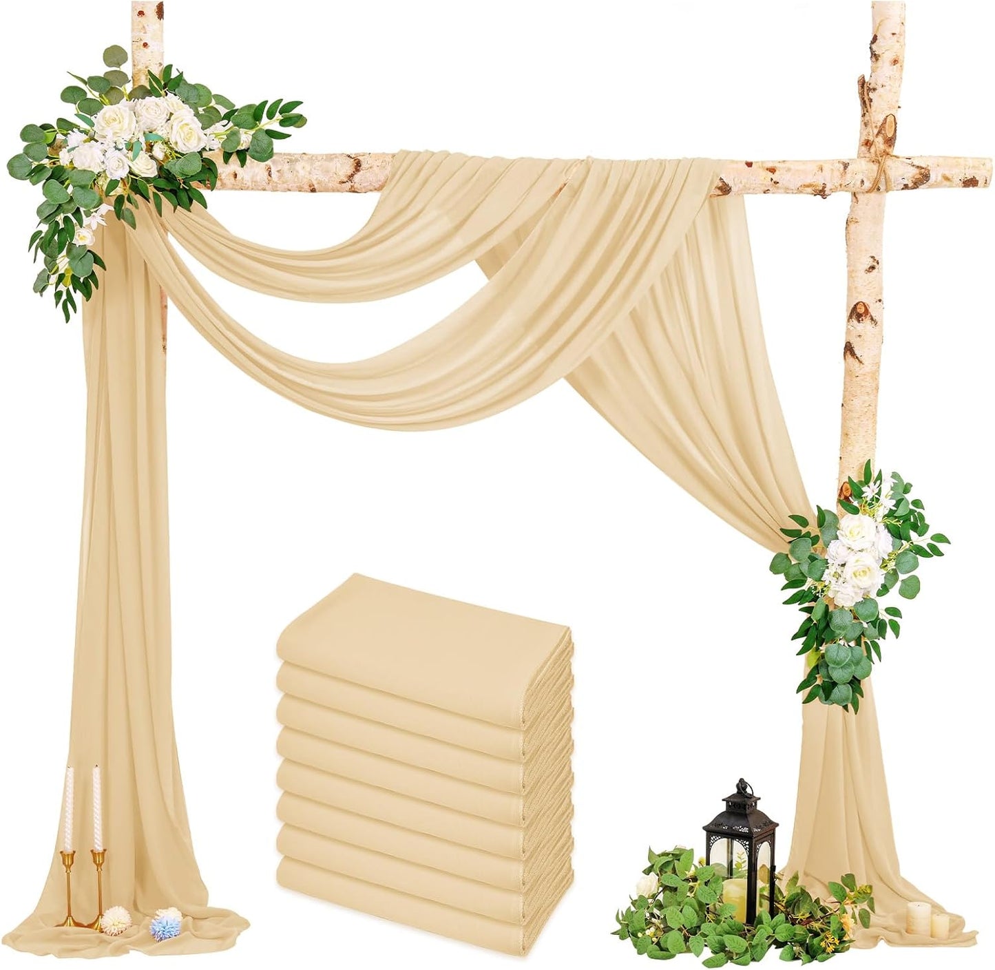 Wedding Arch Draping Fabric, 8 Panels 28" x 20ft Champagne Sheer Chiffon Curtain Drapes for Wedding Ceremony Reception Party Decoration