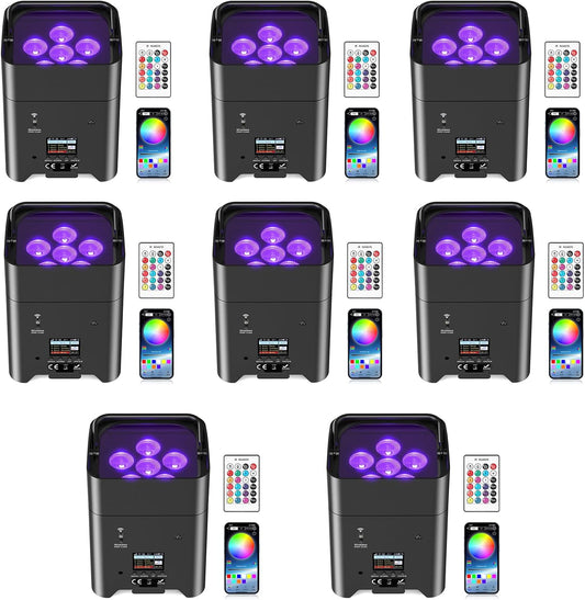 9600mAh Wireless Uplights, 6x18W RGBWA UV Rechargeable Stage Lights, APP/DMX512/Remote Controlled Par Lights, Battery Powered Uplights for Show, Party, Festival, Event， 8 Pack