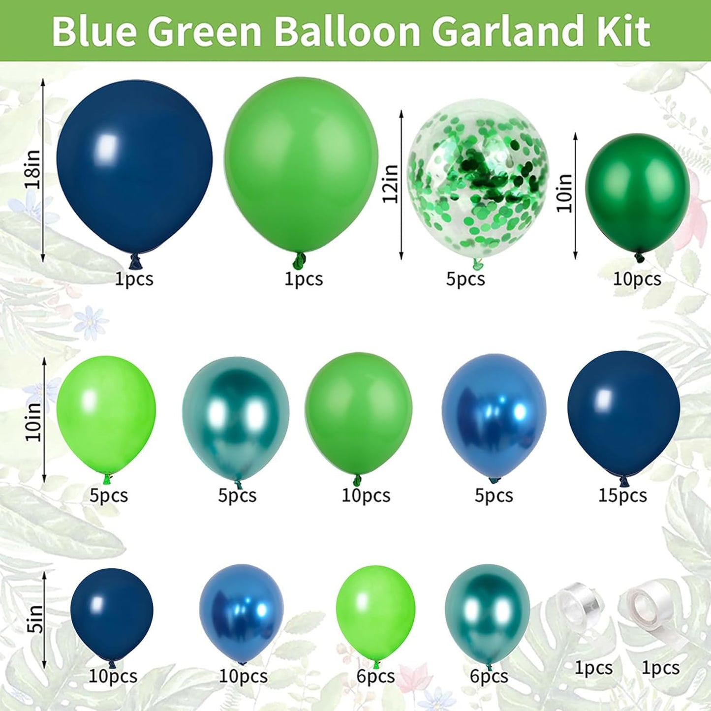 Green Dark Blue Balloon Garland Arch Kit, Dark Blue and Green Latex Balloons, Confetti Balloons for Wedding Birthday Festival Graduation Party Decorations