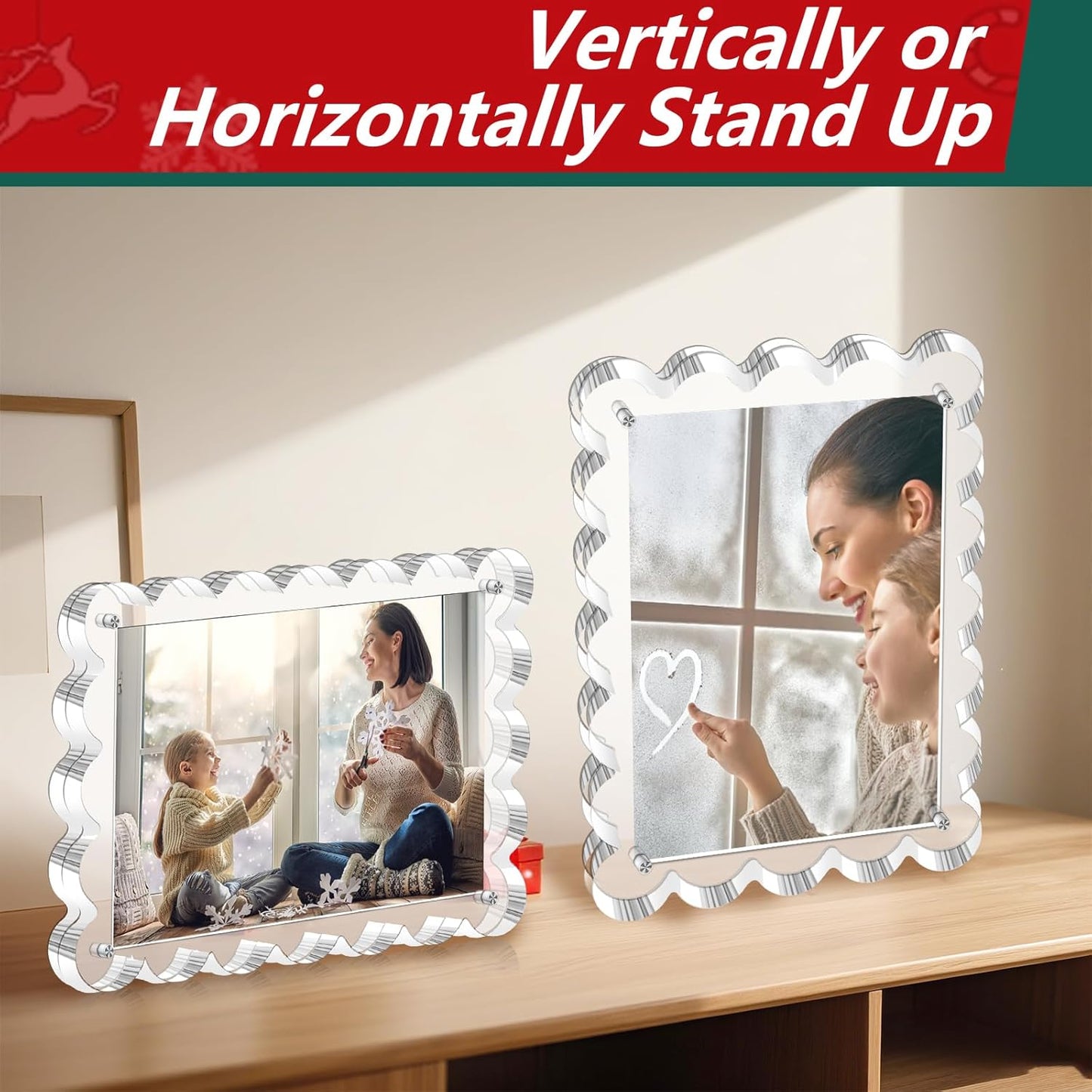 3 Pack Acrylic Picture Frame - 4x6 Magnetic Picture Frames, Double Sided Magnet Frames,10+10mm Thick Block, Clear Frameless Photo Scalloped Freestanding for Desktop Display