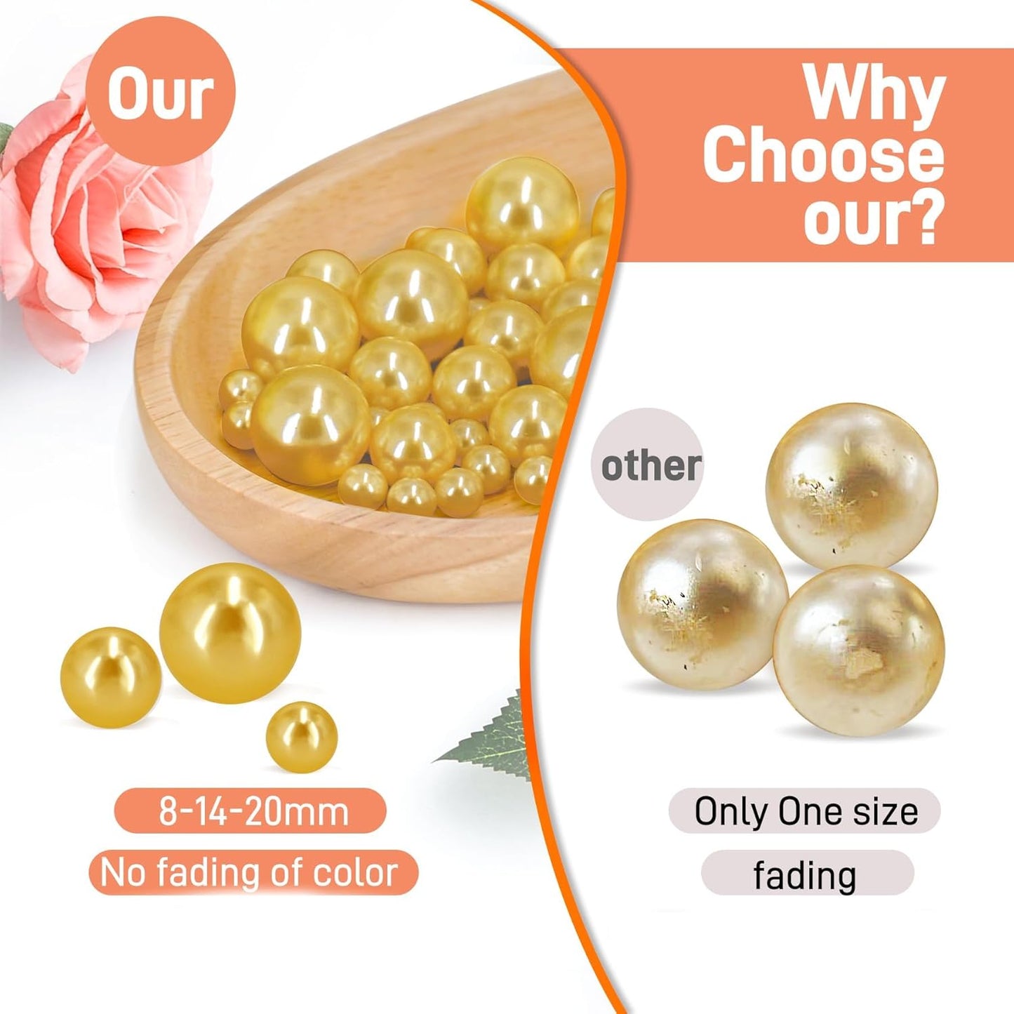 150Pcs Gold Polished No Hole Faux Pearl Beads for Vase Filling Decorations, Plastic Pearls Vase Fillers, Table Scatters, Wedding Centerpiece, Home Decor, 8/14/20 mm