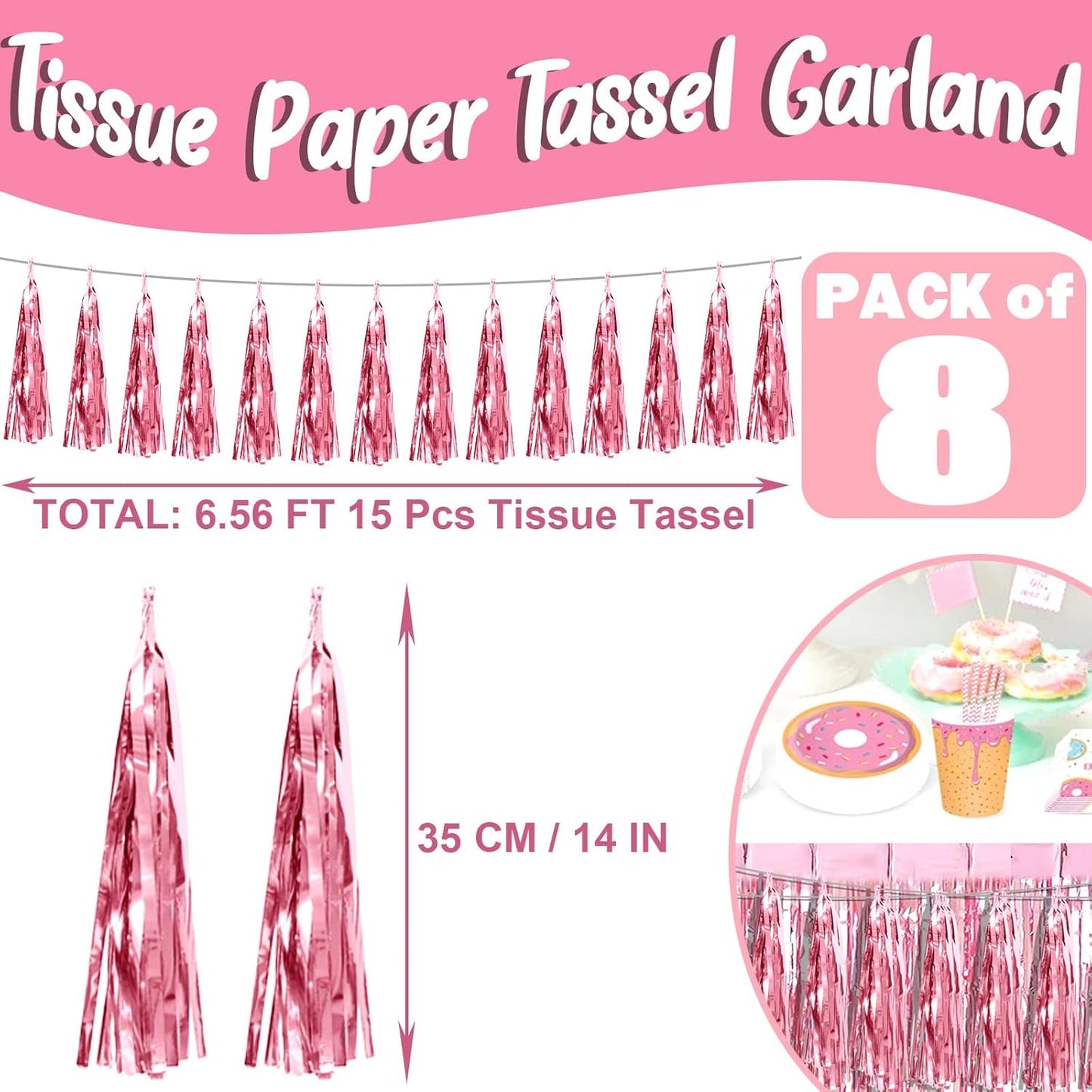 8P Light Pink Foil Fringe Metallic Tassel Streamers Banner Tassel Garland for Parade Floats, Bachelorette, Wedding, Birthday, Halloween, Christmas, Bridal/Baby Shower Party Decorations