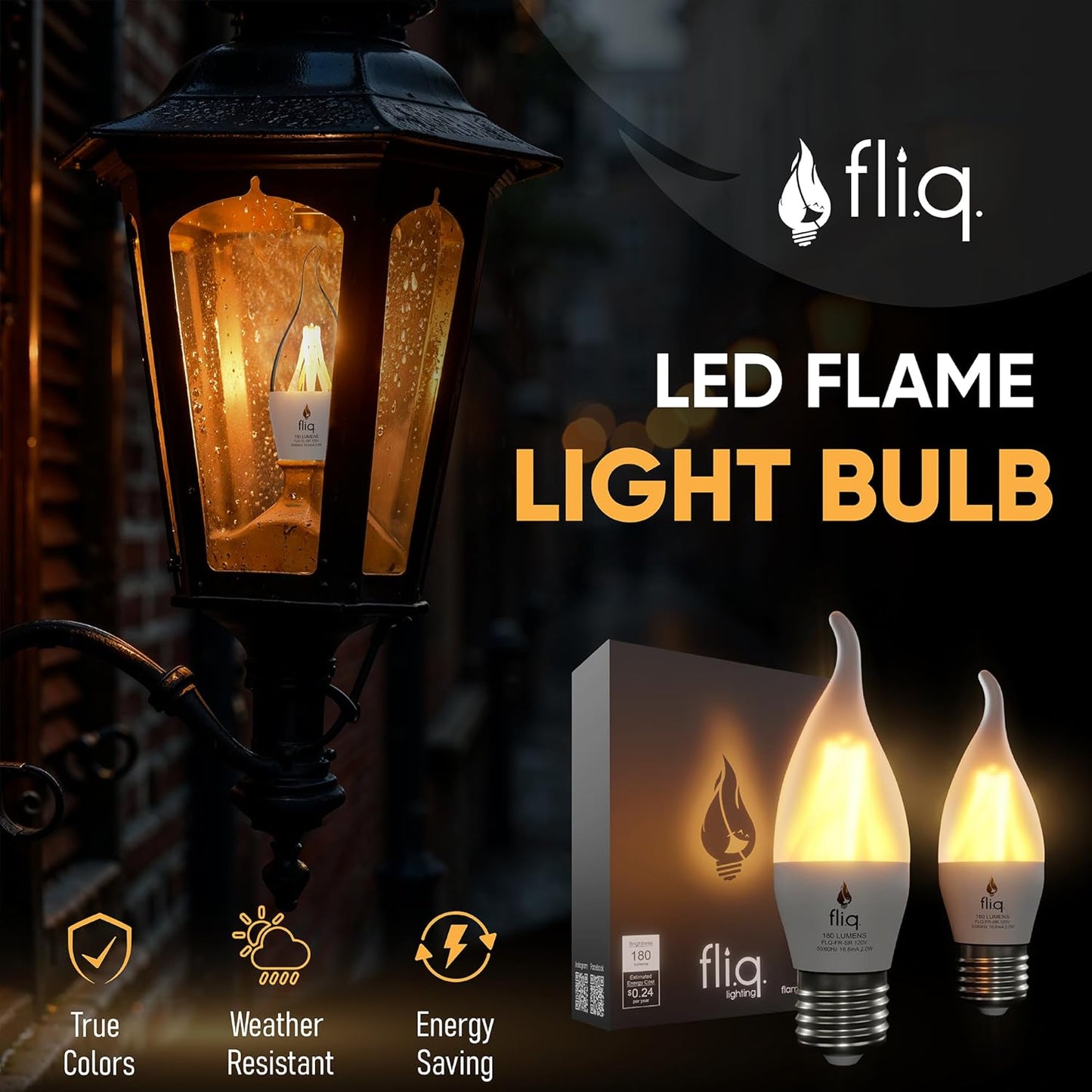 Fliq | LED Flame Light Bulb | 2 Pack | 2W | 4 Modes | Flickering Flame Bulb | 2023 Release | (Standard Frost E26)