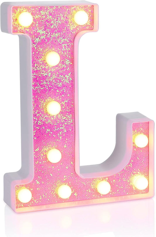 Foaky Pink Light up Letters，Pink Party Decorations,Girls Room Decor,Glitter Light Up Letters,Alphabet Letter Sign for Night Light Birthday Party Girls Gifts, Home Bar Decoration（L）