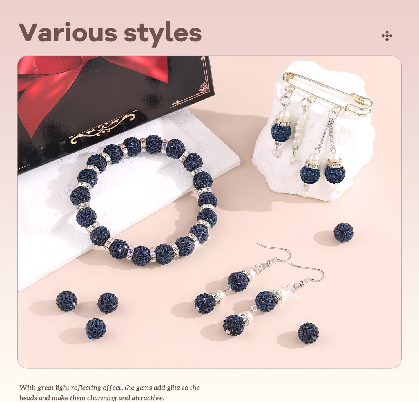 105pcs 10mm Rhinestone Beads for Jewelry Making, Blue Black Shiny Round Disco Ball Beads Bulk, Sparkle Crystal Clay Christmas for Bracelet Baseball Necklace Earring Crafting and DIY