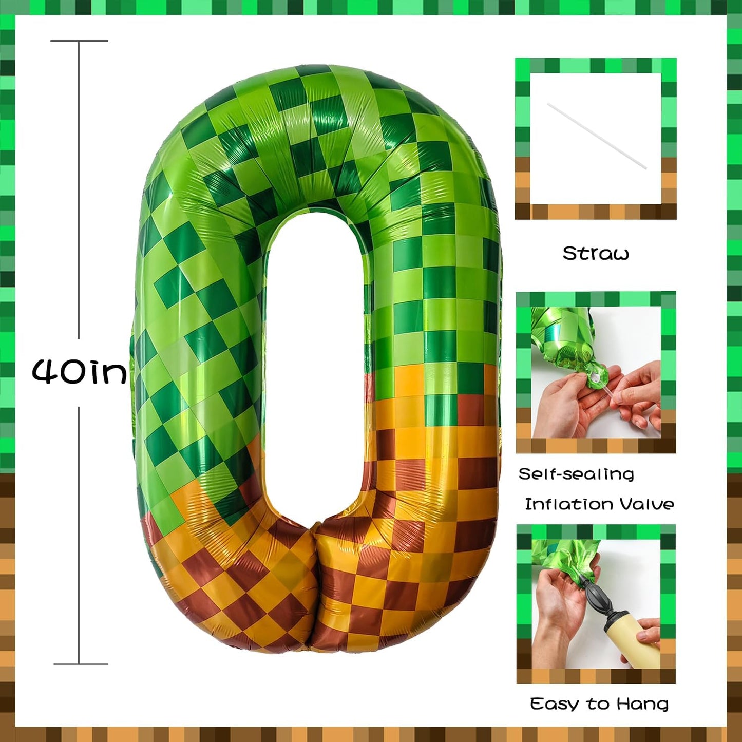 Pixel & TNT Theme 40in Giant Number Balloons - Foil Mylar Birthday Party Decorations for Kids Adults Cumpleaños, Block Style Pixel Art Shape Balloon Decor Supplies (Pixel, Number 0)