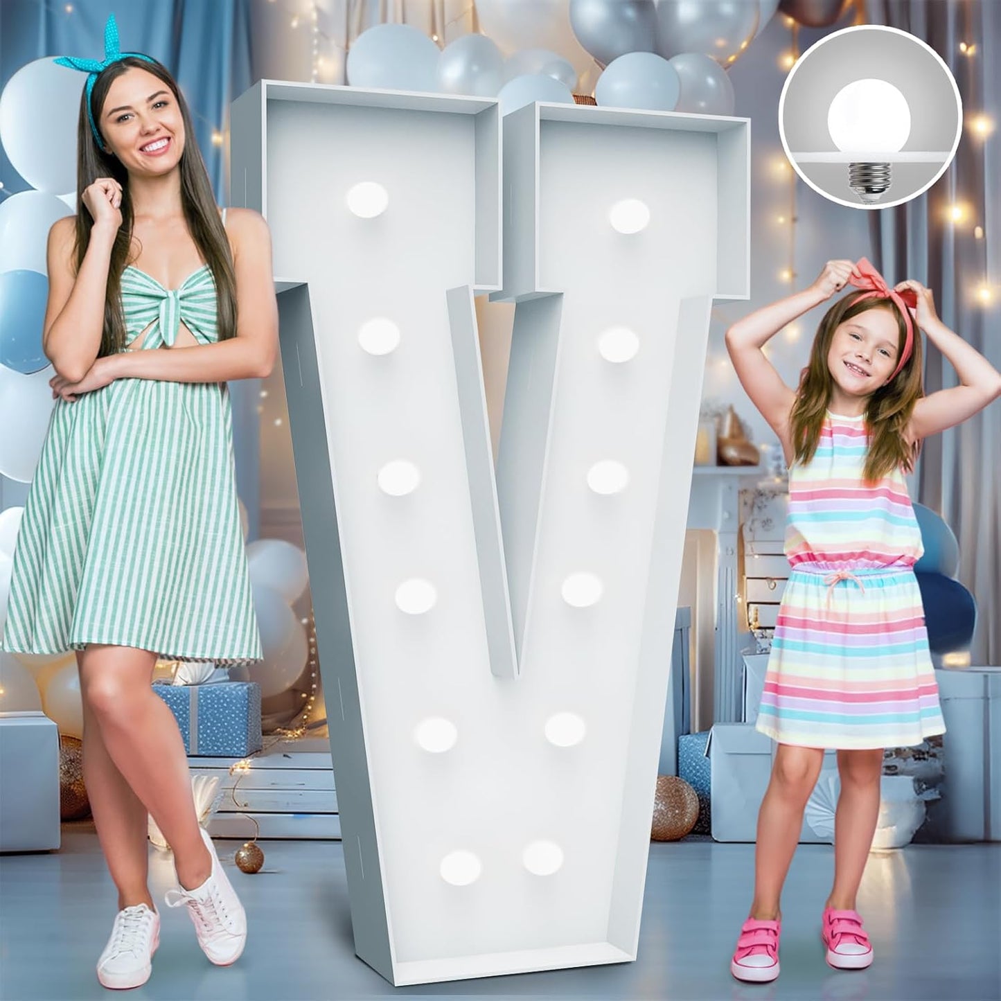 4FT Marquee Light Up Letters - Cool White Light Up Letters V with Fixed Water Bag, Party Decoration Large Marquee Light Up Letters can Be Used for Wedding Decoration, Birthday Party Decoration