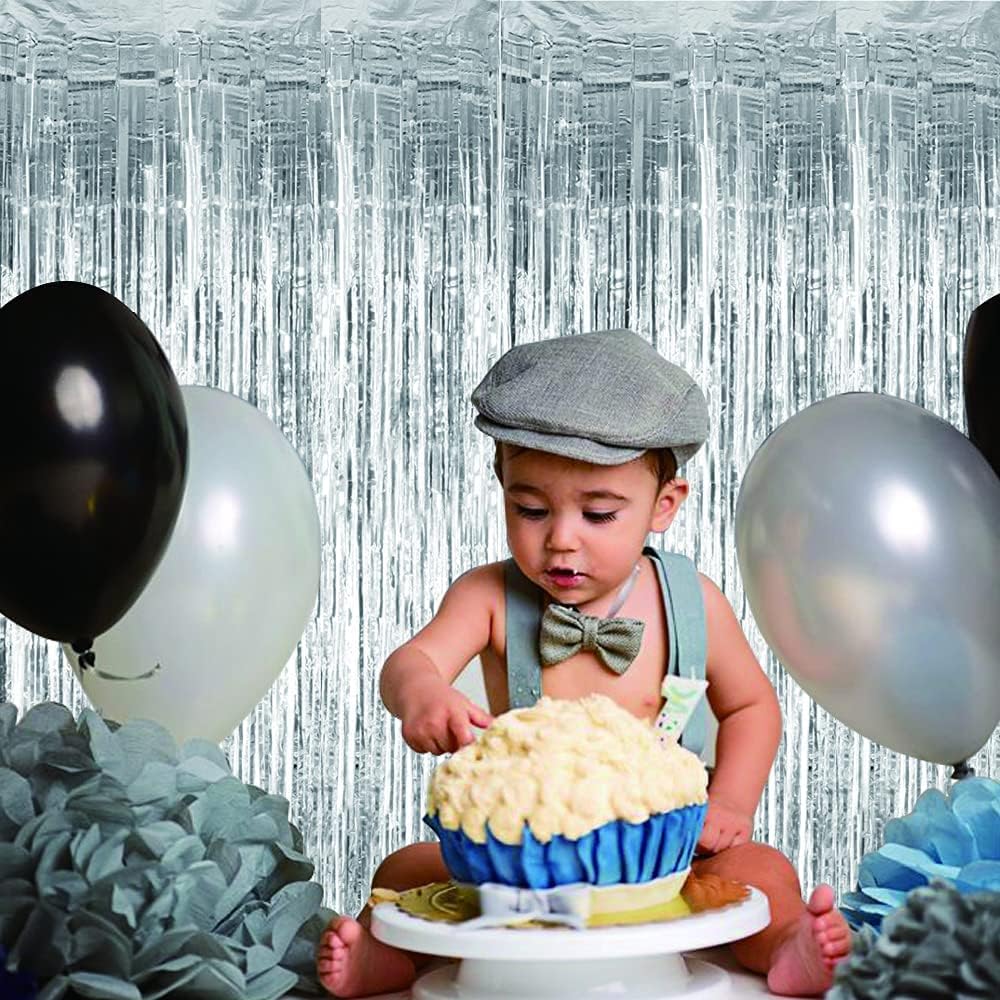 3Pcs Silver Metallic Tinsel Foil Fringe Curtains,3.2ft*8ft Silver Photo Booth Backdrop Streamer Curtain,Photo Booth Props,Ideal for Bachelorette,Birthday,Christmas,New Year Party Decorations