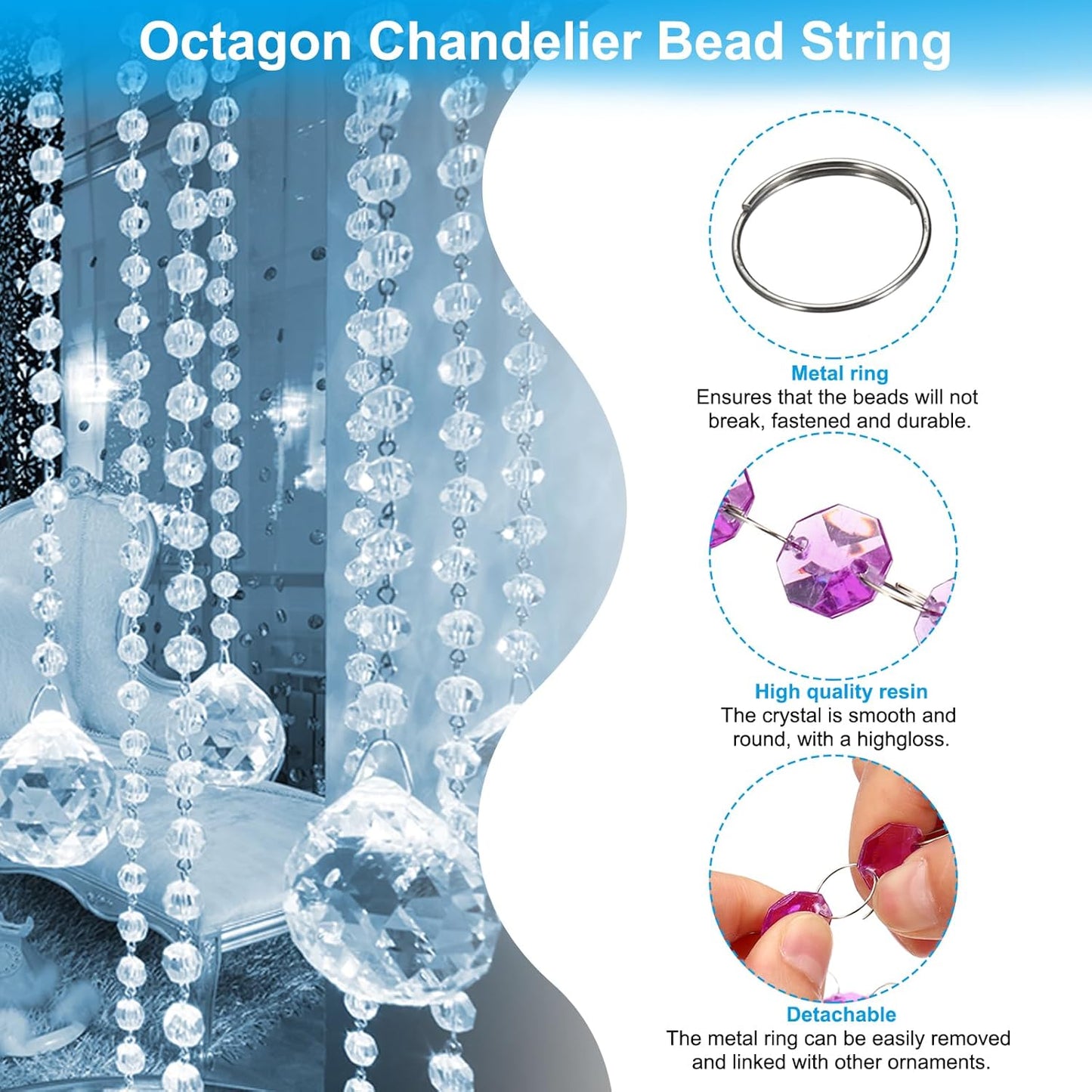 PATIKIL 14 mm Crystal Garland Strands, 16.4 Ft Acrylic Octagon Chandelier Bead Chains String for DIY Craft Wedding Party Home Decorative Jewelry Making, Purple