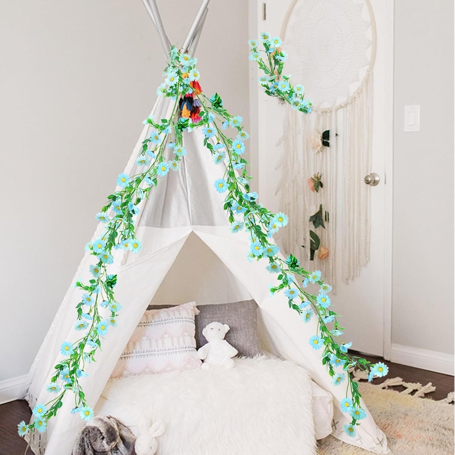 6.5Ft Artificial Blue Flower Garland Fake Daisy Floral Garland Hanging Flowers Silk Vines with Green Leaves for Backdrop Arch Wall Home Indoor Tiffany Blue Wedding Decor