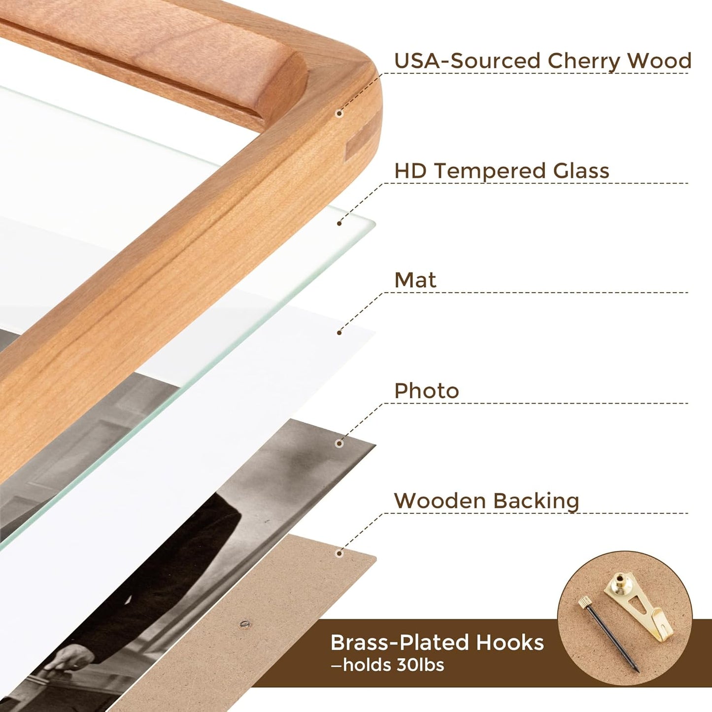 18x24 Picture Frame USA-Sourced Natural Cherry Wood Solid Original Wood Photo Frame Rounded Corner with Mat to 16x20 Picture Display with Real Glass Family Picture, Wedding Picture, Photo, Certificate