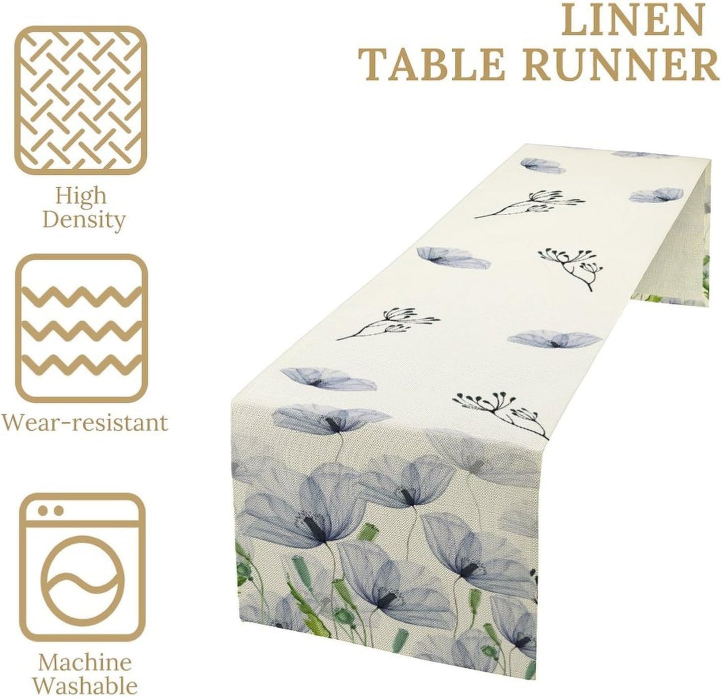 Watercolor Poppy Floral Table Runner, Abstract Seasonal Spring Summer Blue Purple Flower Kitchen Dinning Table Runner for Indoor Outdoor Home Wedding Party Holiday, 13x120 Inch