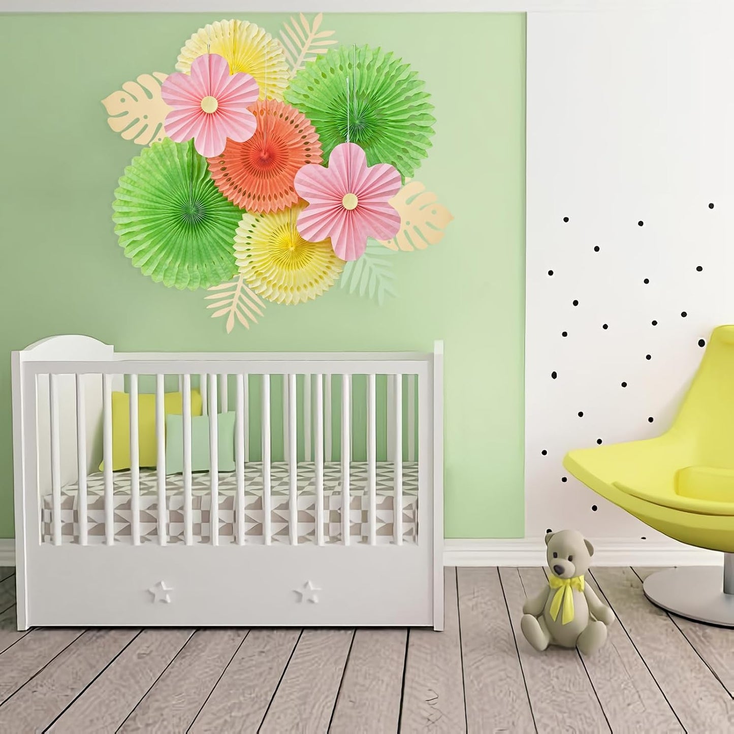 SUNBEAUTY Paper Flowers Pink and Green Party Decorations Hanging Fans Spring Summer Decor for Wall Wedding Backdrop Bridal Shower Birthday - 9Pcs