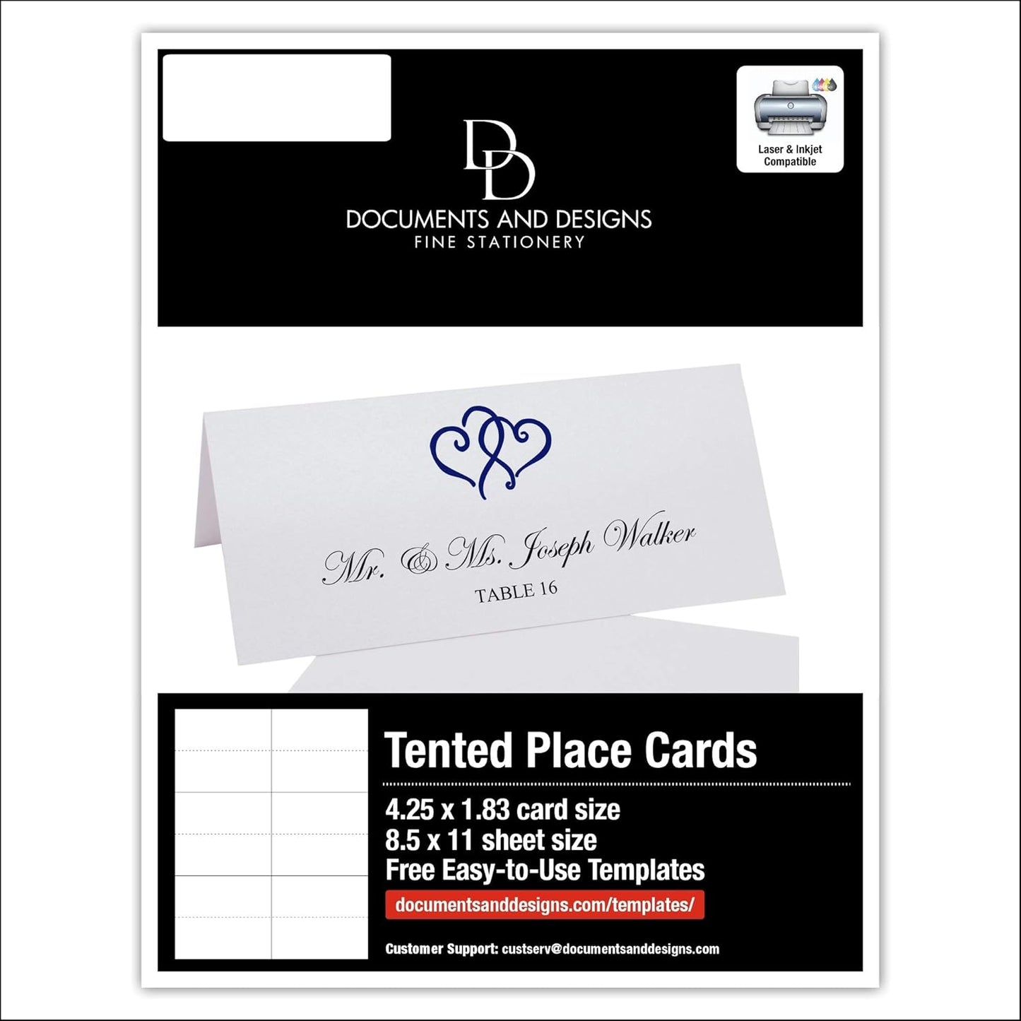 Linked Hearts Printable Place Cards, Navy (Choose Color), Set of 60 (10 Sheets), Laser & Inkjet Printers - Wedding, Party, Dinner, and Special Events - Made in the USA