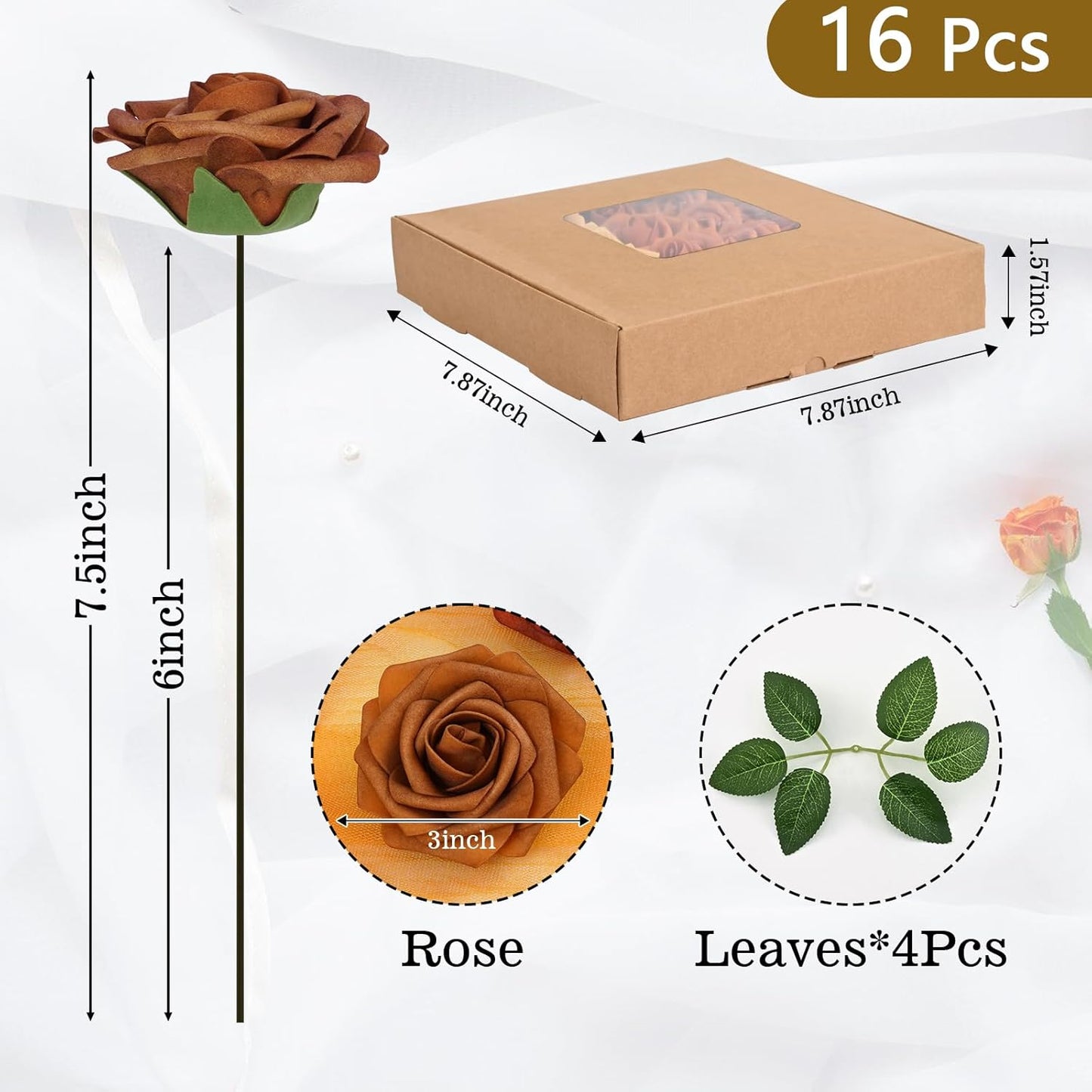 BLEUM CADE 16Pcs Artificial Flowers Fake Roses with Stems, Gradient Burnt Orange Boxed Foam Roses for DIY Bouquets Centerpieces Wedding Party Arrangement Bridal Shower Decor