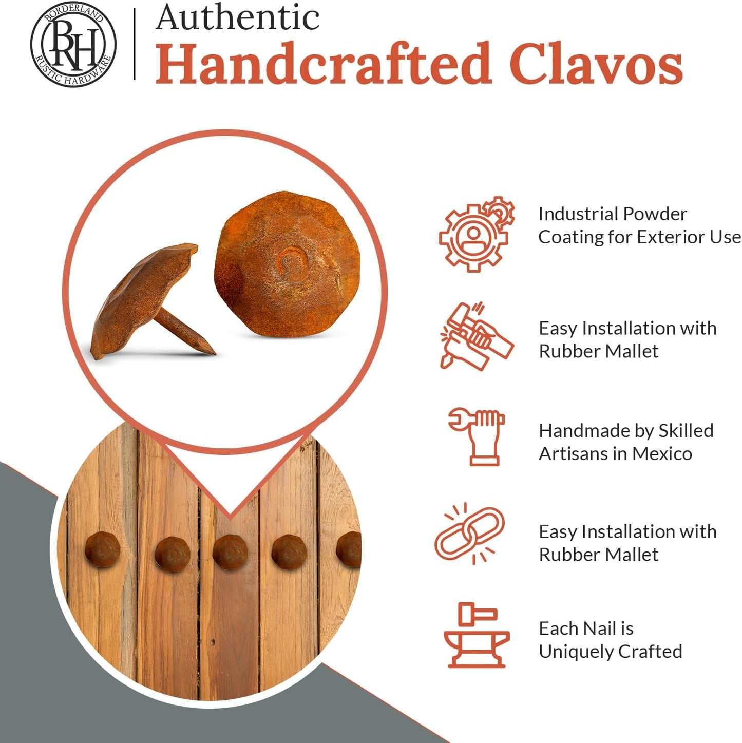 50 Pack 1.25" Round Head Iron Clavos Decorative Nails – Rusted – Handmade Rustic Round Fasteners for Farmhouse Shutters, Faux Wood Beams, Barn Doors, Shutters, Gates – Ornamental Wood Accent