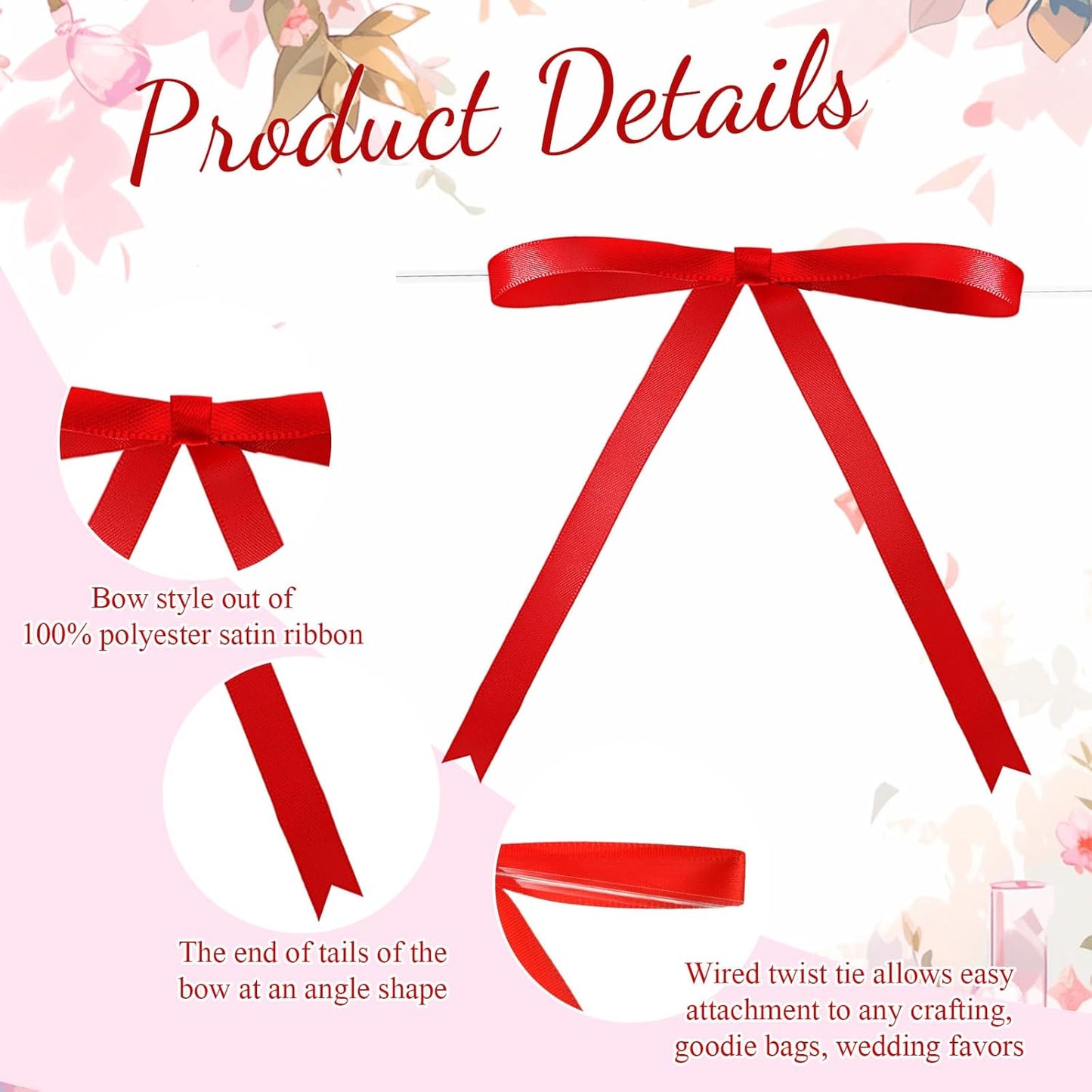 Riceshoot 100 Pcs Twist Tie Bows Bulk 5x7 Inch Satin Ribbon Bows for Gift Wrapping Cake Treat Bags Craft DIY Gift Wedding Baby Shower Birthday Party (Red)