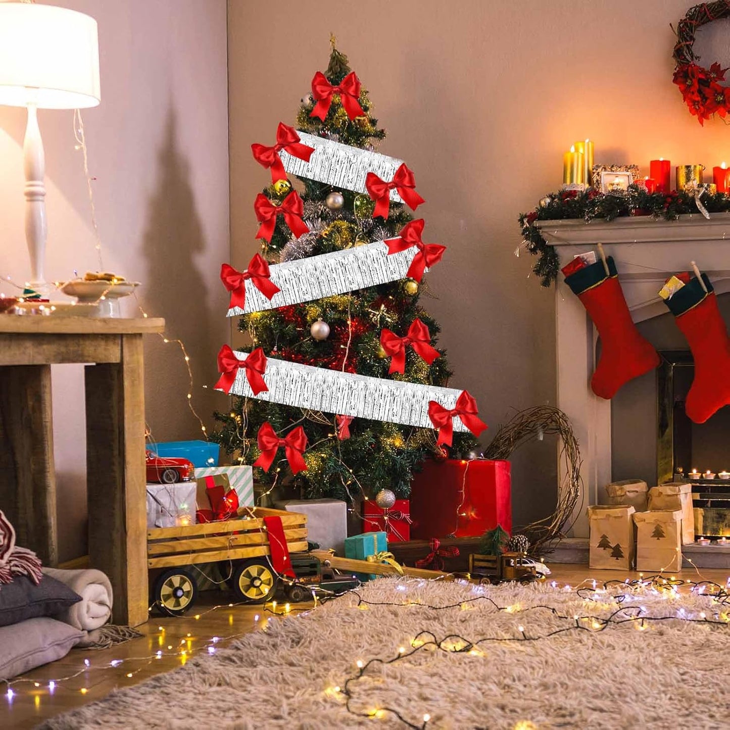 4 Pack 10 Feet Silver Foil Fringe Garland Metallic Tinsel Streamers Banner Wall Hanging Curtain Backdrop for Parade Floats, Wedding, Graduate, Mother's Day, Birthday Party Decoration