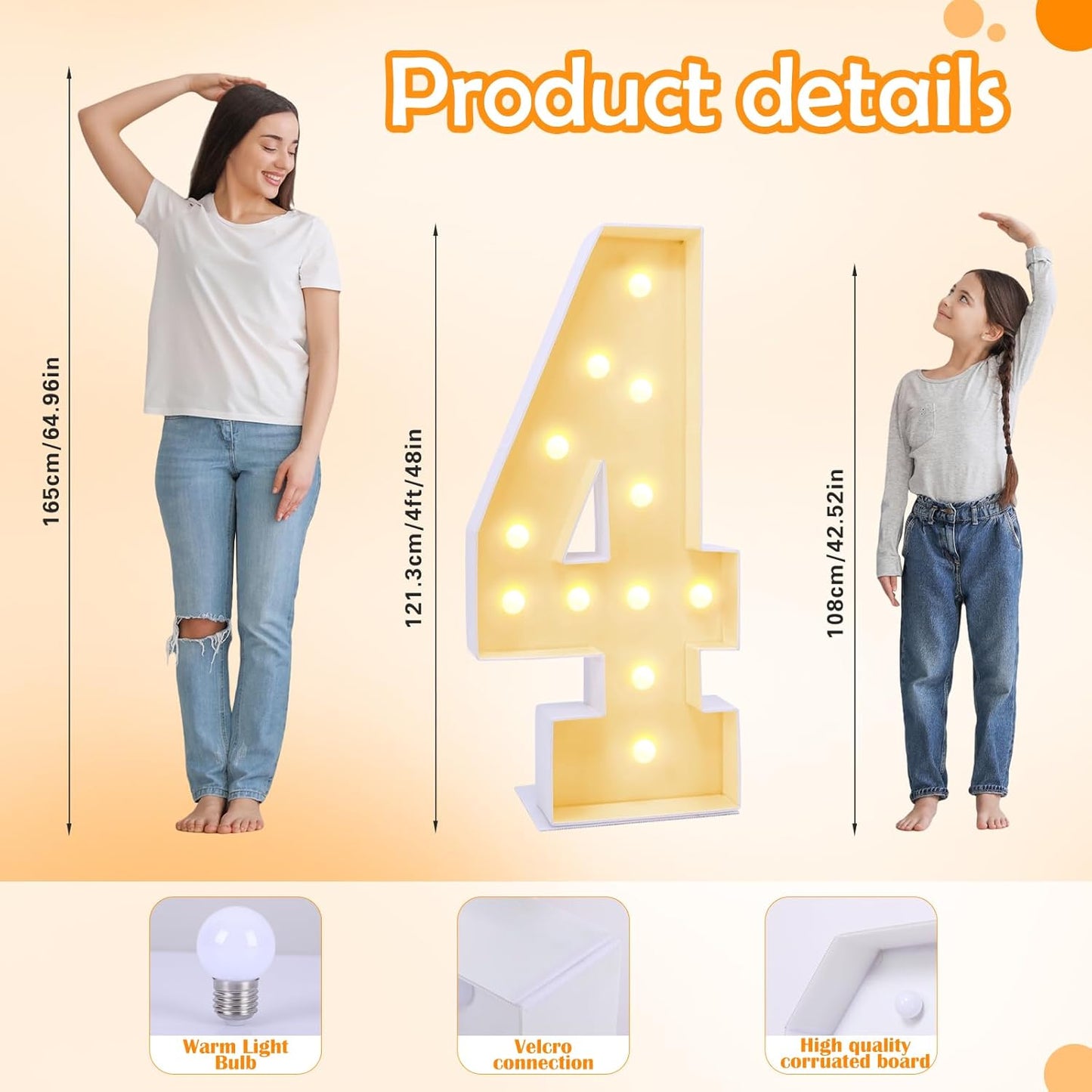 4ft Marquee Number 4, Light Up Sign for Party Decorations, 4 Feet Tall, Plastic, Modern Style