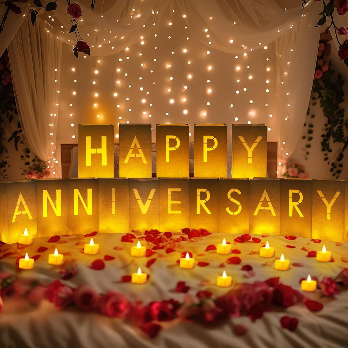 Homemory Happy Anniversary Decoration Light Up Letters with Flameless Candles and Fake Rose Petals, Valentine's Day Luminary Bags Happy Anniversary Sign Romantic Party Decor for Wedding