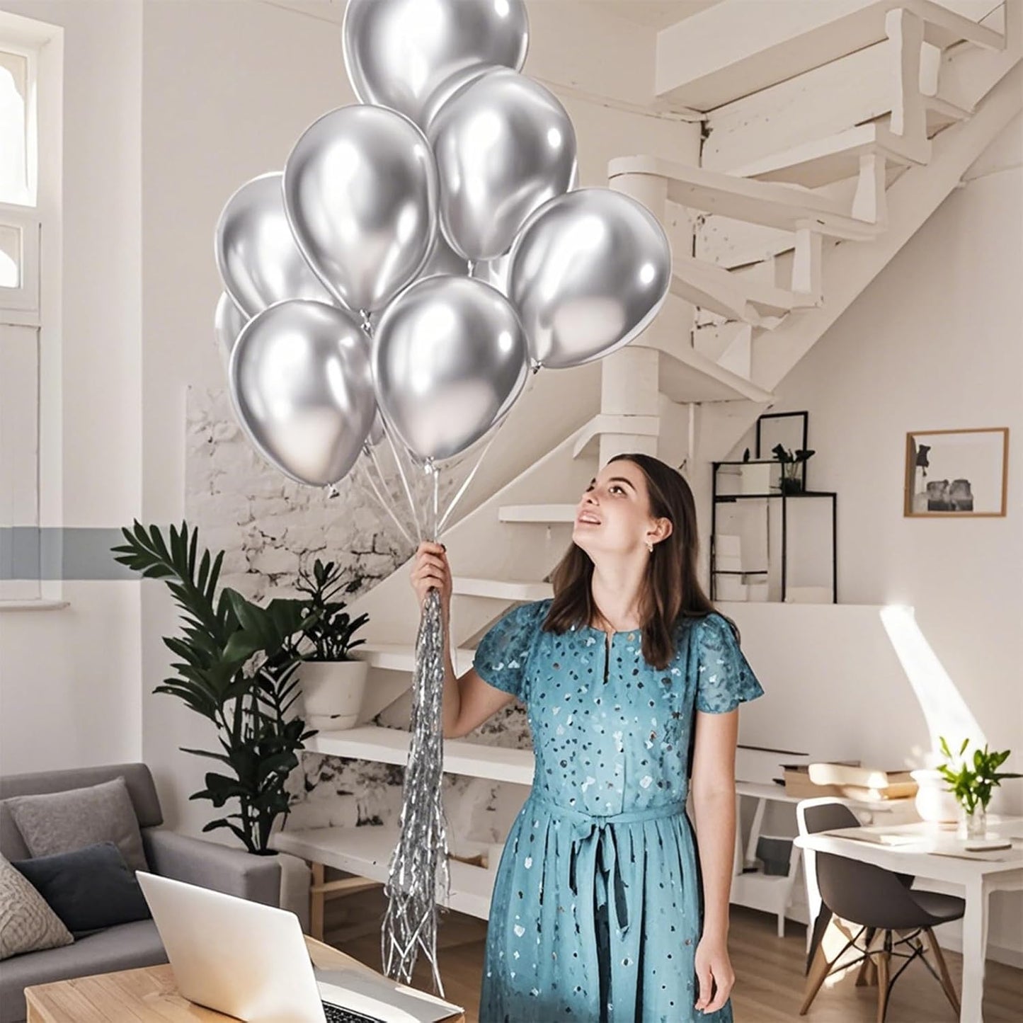 110pcs Metallic silver Balloons, Metallic silver Latex Balloons 12 inch, silver Balloon for Birthday Party Baby Shower Wedding(with 2 Ribbons).