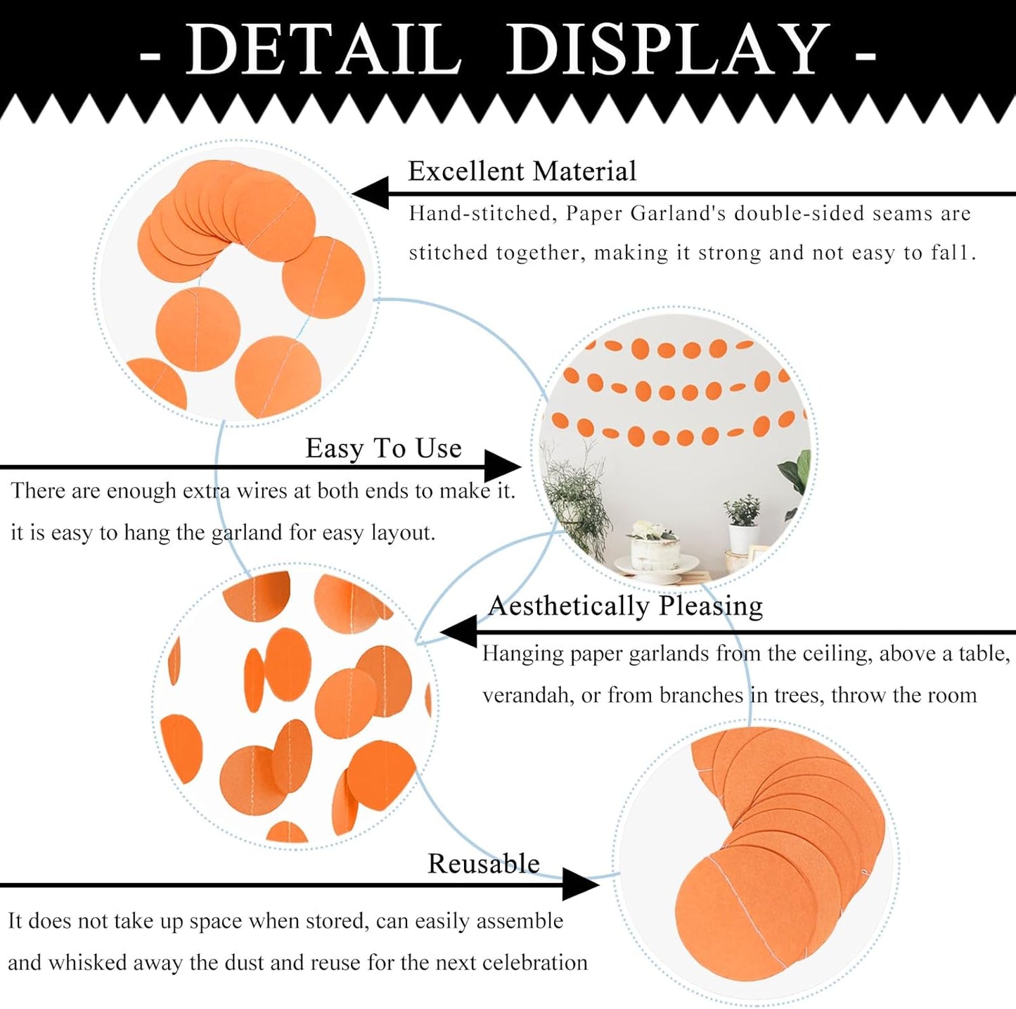 MerryNine Paper Garland 5 Pack, 65 Ft Glitter Paper Garland Circle Dots Hanging Decor, Banner for Baby Shower, Birthday, Nursery Party Decor (Orange)