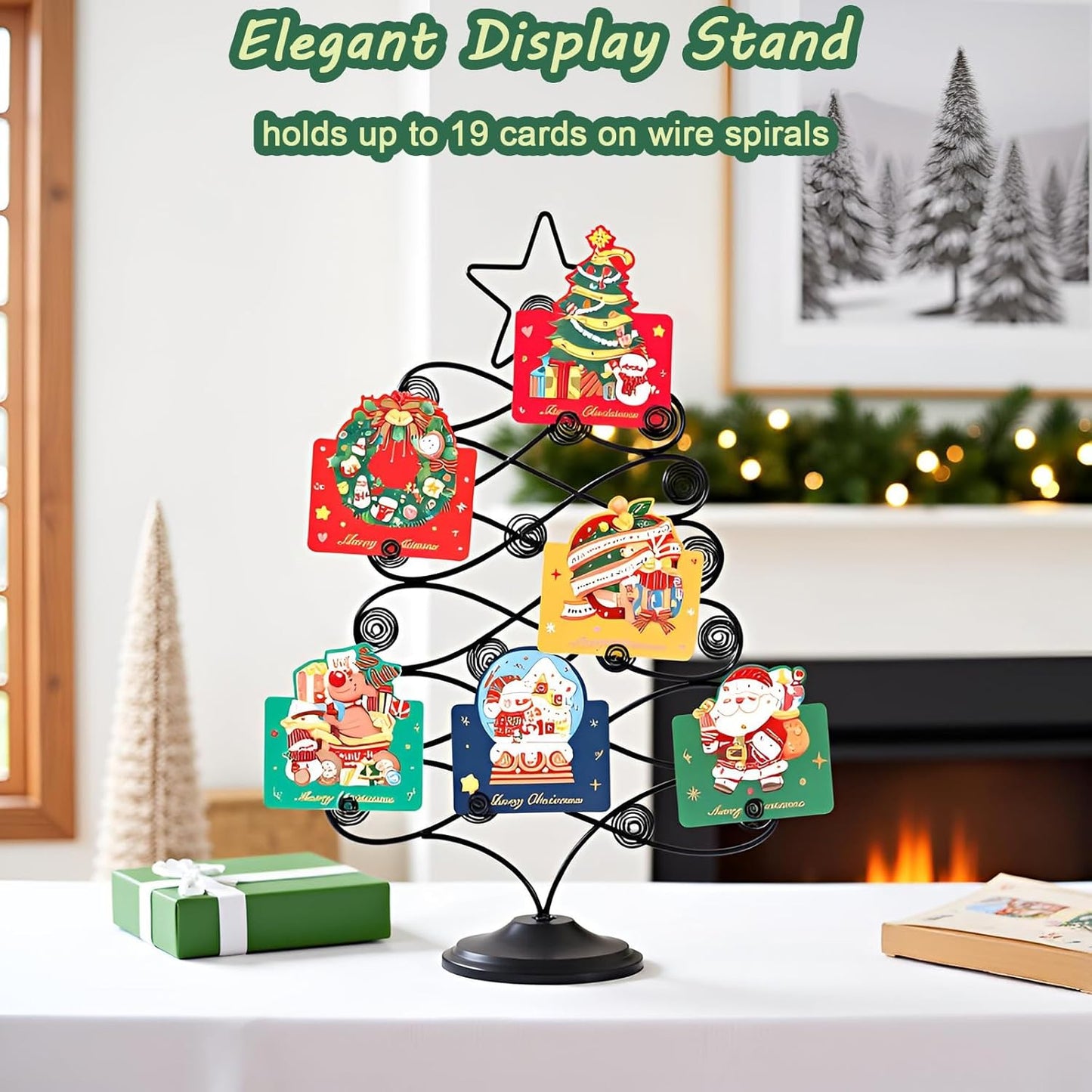Decorative Metal Christmas Tree Card Holder, 18 Inch Tabletop Holiday Card Display Rack with Star Topper, Black Wire Tree Cards and Photo Holders Stand, Holds up to 19 Place Cards and Memos Pictures