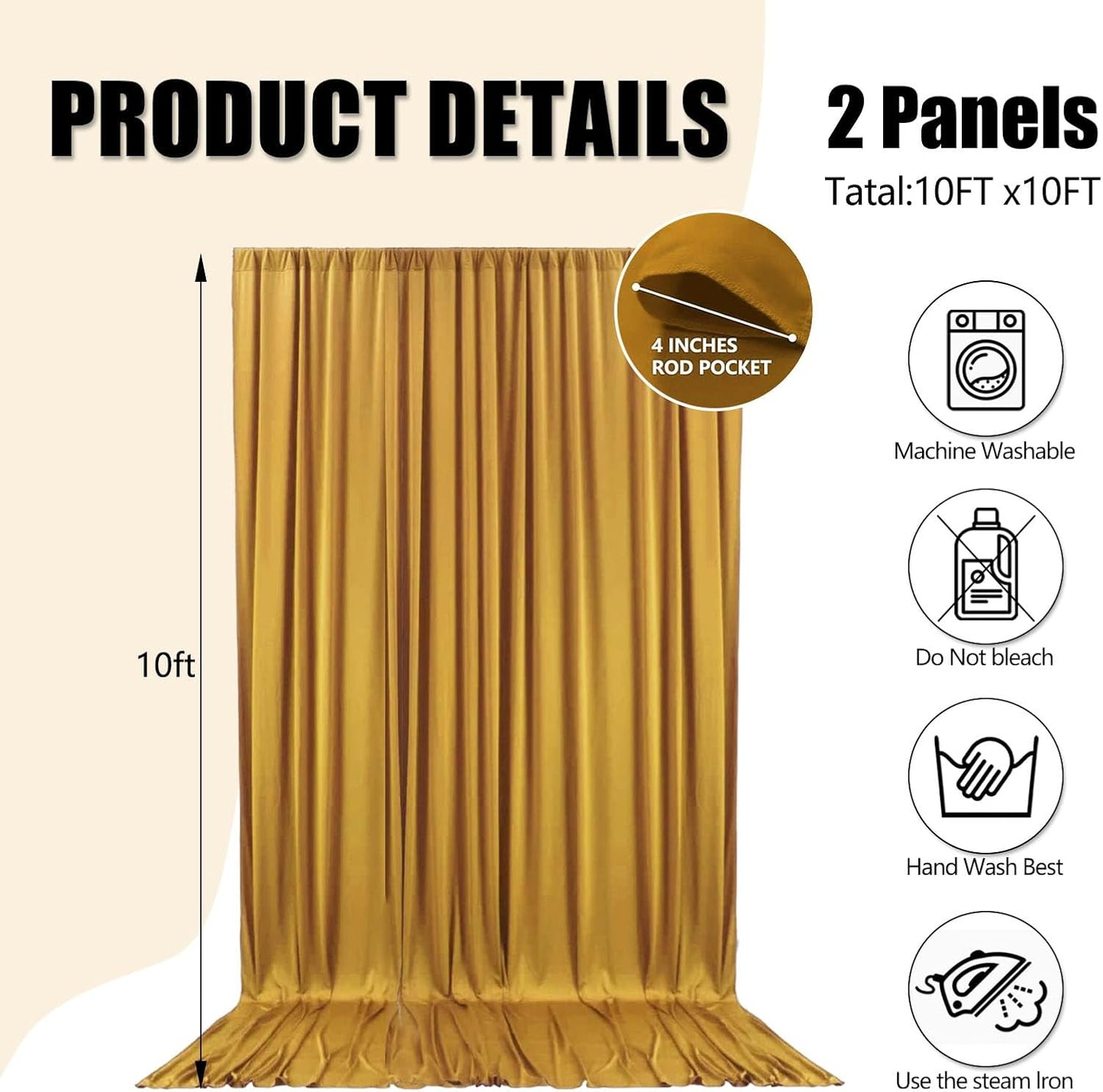 10ft x 10ft Gold Backdrop Curtains for Parties, Fabric Satin Background Curtain with Rod Pockets for Weddings, Birthday, Baby Shower, Photography, Graduation Party Backdrop Drapes, 2 Panels