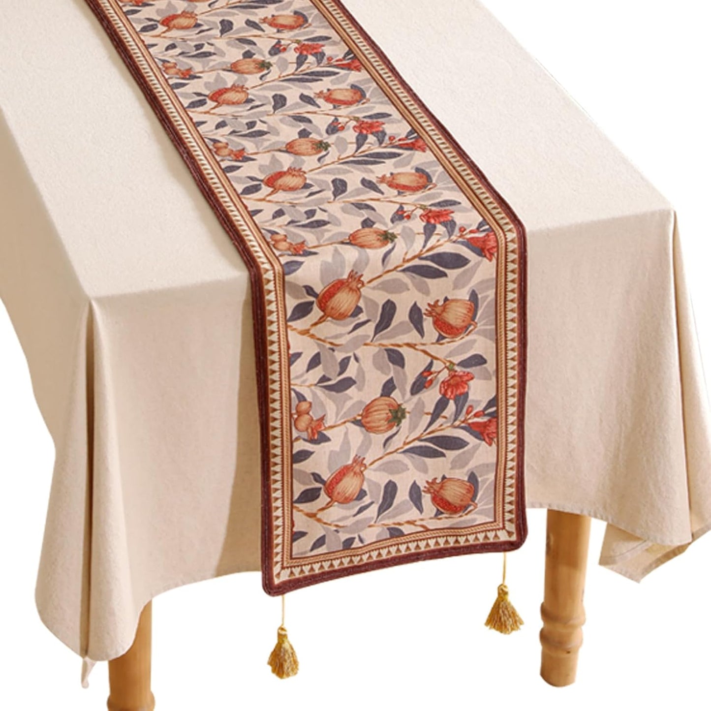 patdrea Designer Vintage SaddleBrown Linen Table Runner 87 Inch Long, Pomegranates Pattern Table Mat, Decoration for Kitchen Dining Table Coffee Table Shelf Cabinet Banquet Christmas ,12"*87"