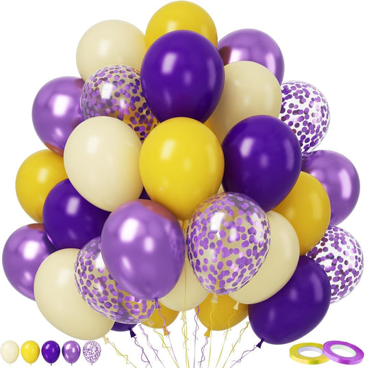 Paready Purple & Yellow Balloons Set - 50pcs, 12 Inch Light Yellow & Dark Purple Metallic Confetti Balloons for Kids, Boys' Sport Theme Birthday & Baby Shower Supplies