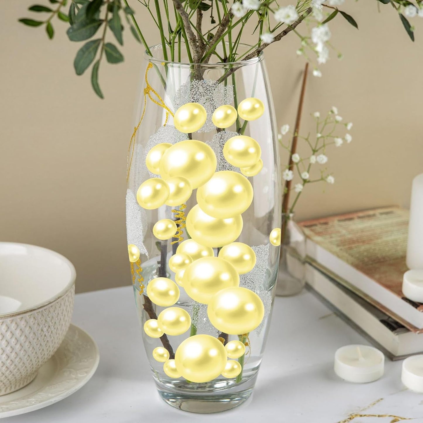100PCS Light Yellow Faux Pearls Beads for Centerpiece Vases, Vase Filler Faux Pearls, No Holes Filler Beads for Easter Party Anniversary Birthday Wedding Table Decor, 14/20/30mm