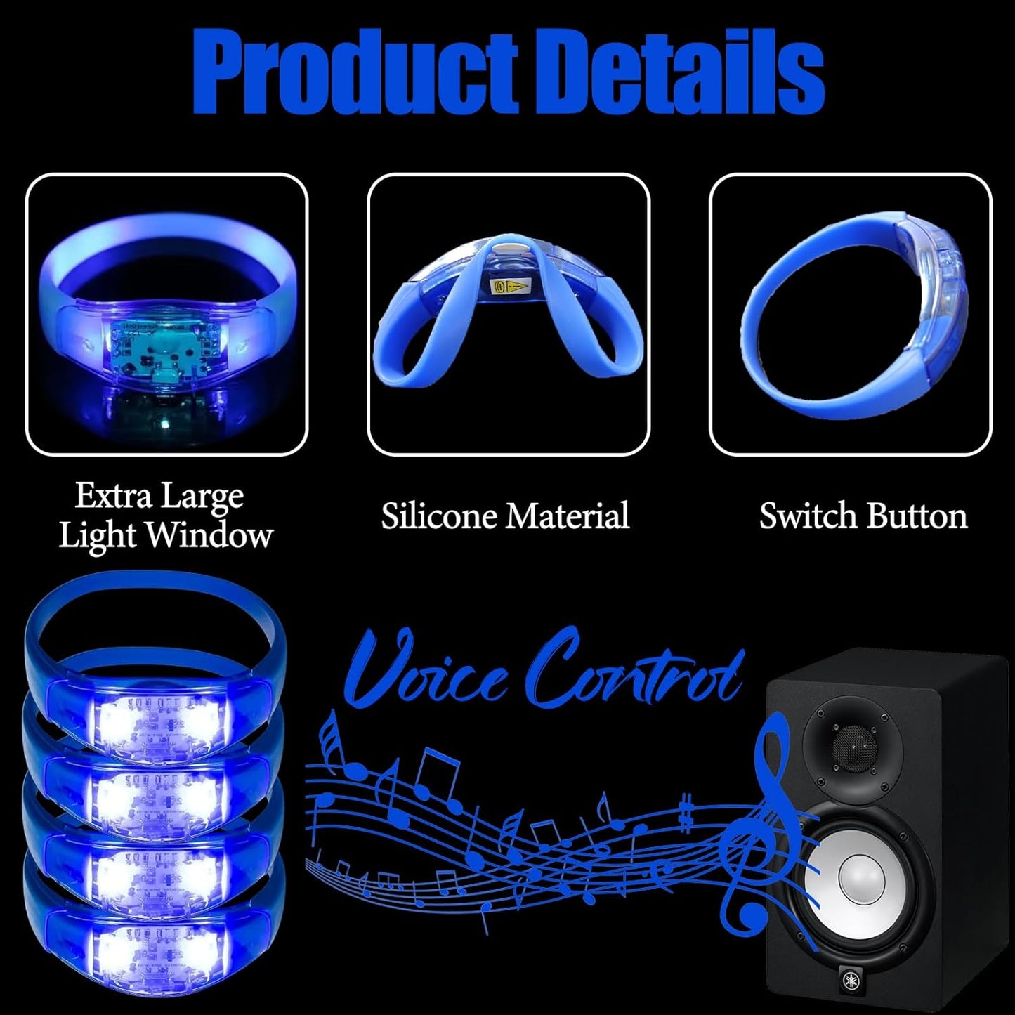 100 Pcs LED Bracelets Sound Activated with Flashing LED Strobe Music Control Light Up Bracelets for Rave, Game Prizes, Birthday Party Favor,Valentine's Day gift