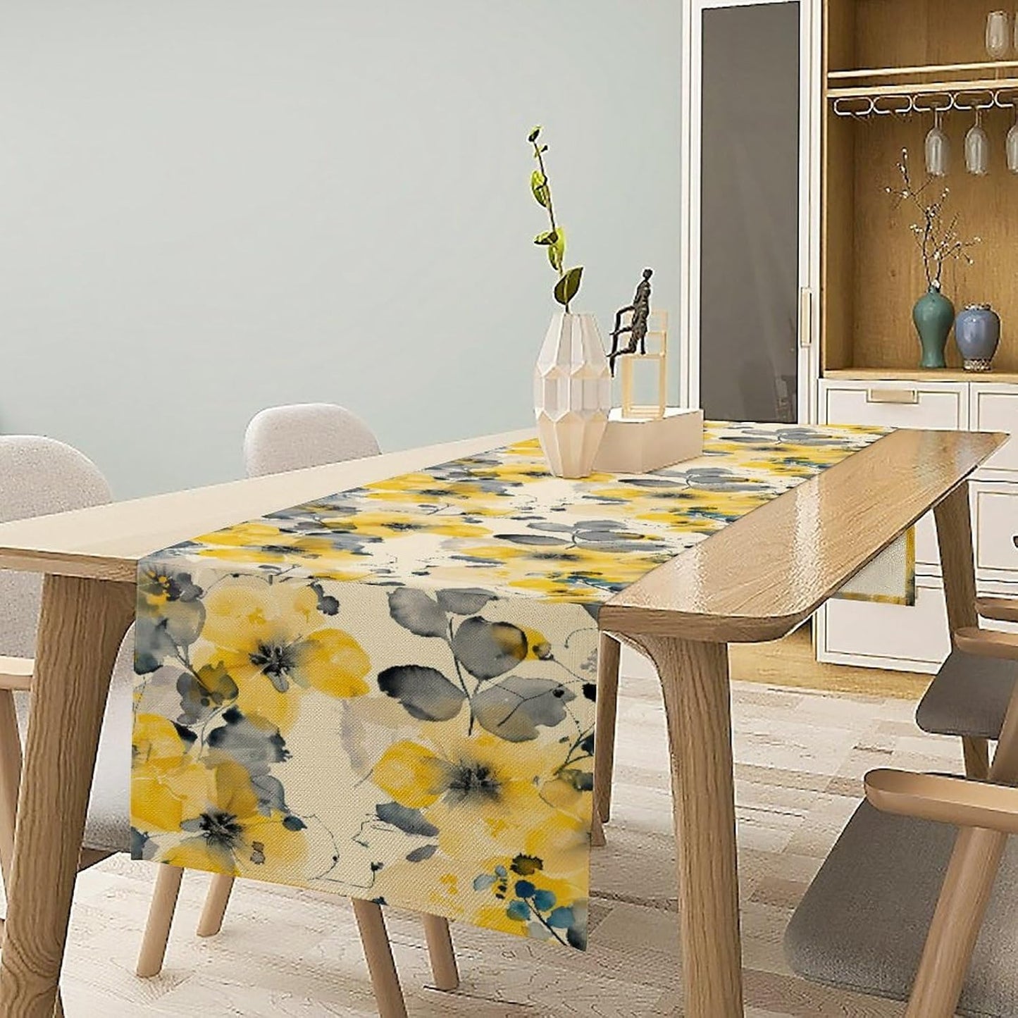 Floral Table Runner,Yellow Flowers Spring Print Table Cloth Kitchen Dining Table Home Party Decoration 13x108 Inch
