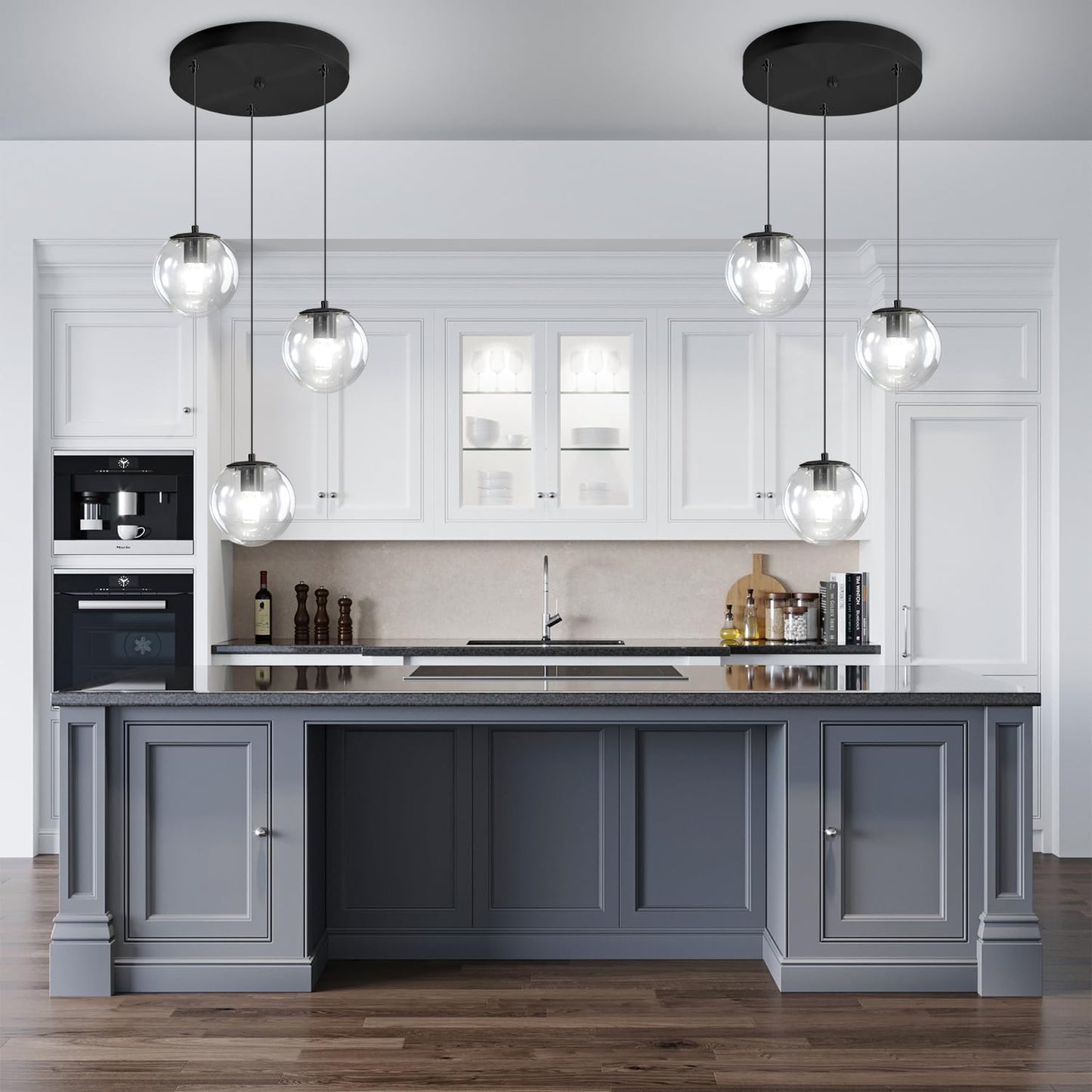 Globe Glass Pendant Light Modern Black Clear Globe Glass Chandelier Mid Century Chandelier 3-Light Hanging Fixture for Kitchen Island Foyer Hallway Dining Room