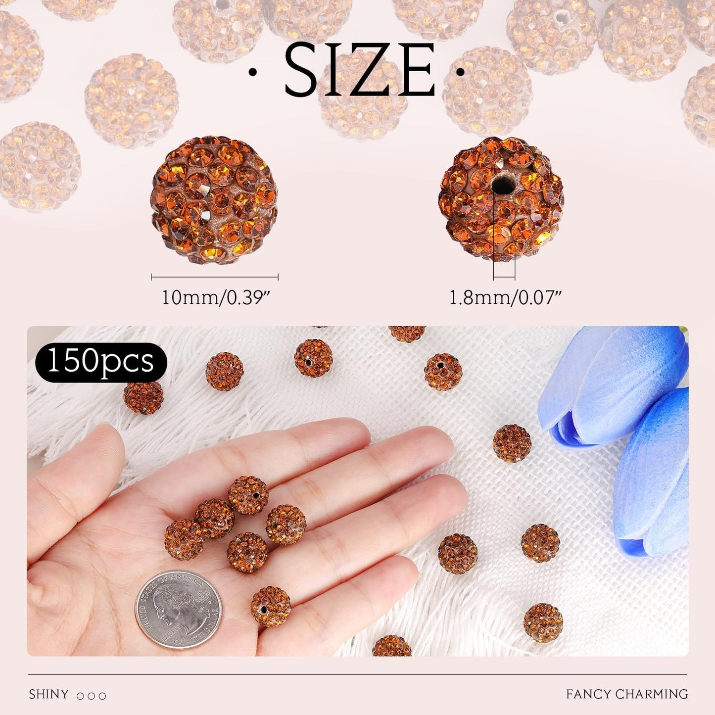 150 pcs 10mm Rhinestone Beads for Jewelry Making, Brown Shiny Round Shamballa Disco Beads Bulk, Sparkle Crystal Clay Christmas for Bracelet Baseball Necklace Earring Crafting and DIY
