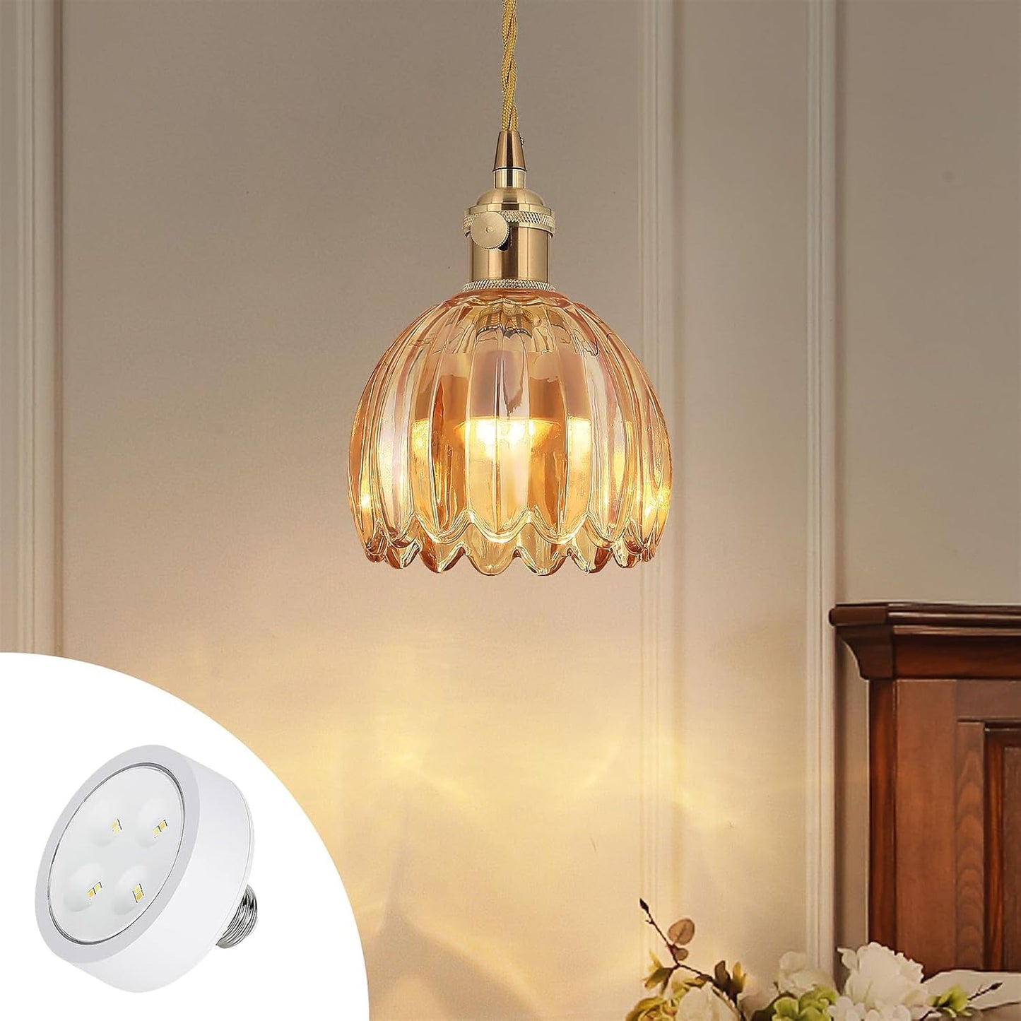 Vintage Gold Rechargeable Pendant Light with 70 Inch Cord and Exquisite Tulip Amber Glass Shade for Kitchen Island, Living Room & Dining Room, Ideal Hanging Light for Multiple Spaces