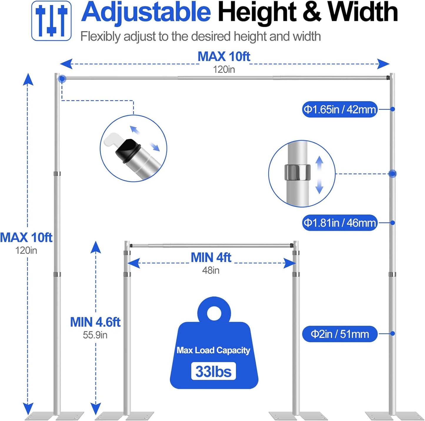 FUDESY Pipe and Drape Stand Kit, 10x10ft Heavy Duty Adjustable Metal Backdrop Frame for Photography, Wedding Parties, Decoration